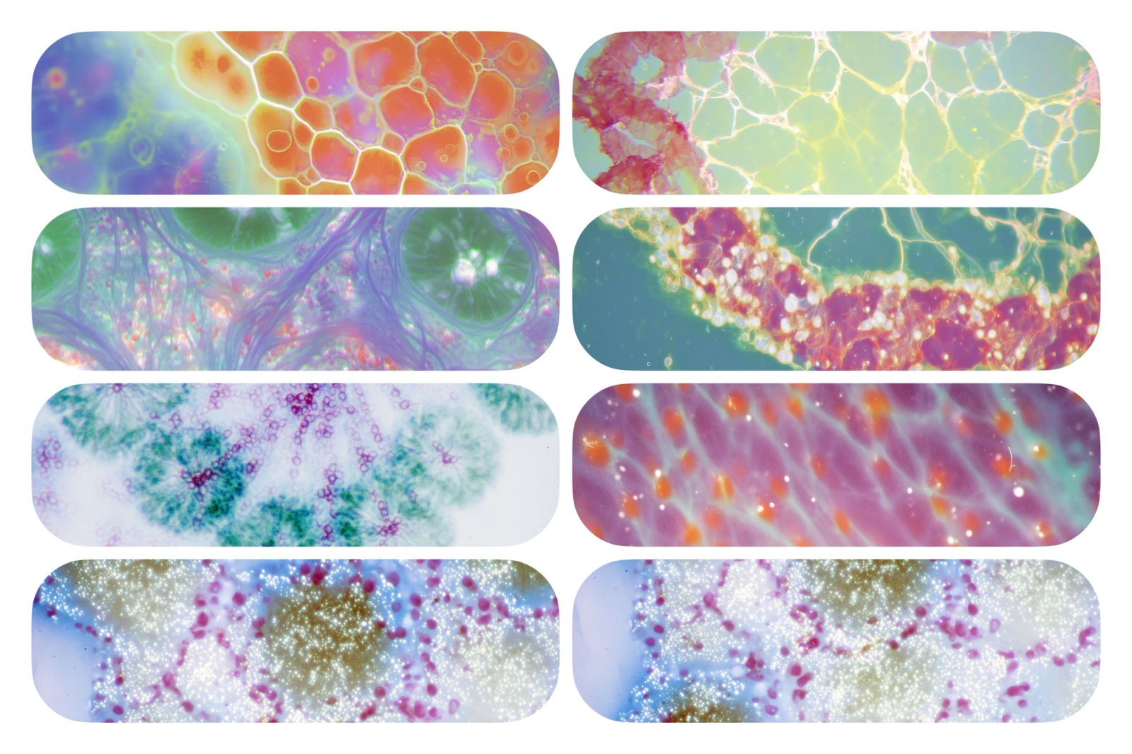 Eight panels of iridescent cellular photography