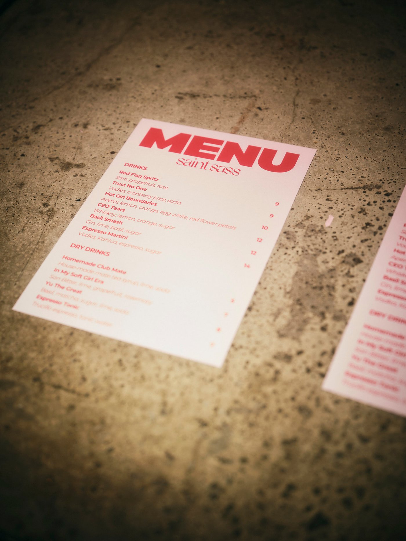 Drinks menu