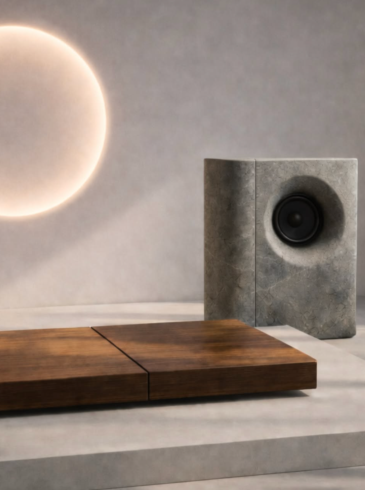 A stone speaker and a low wooden bench, lit by a circle of light on the wall.
