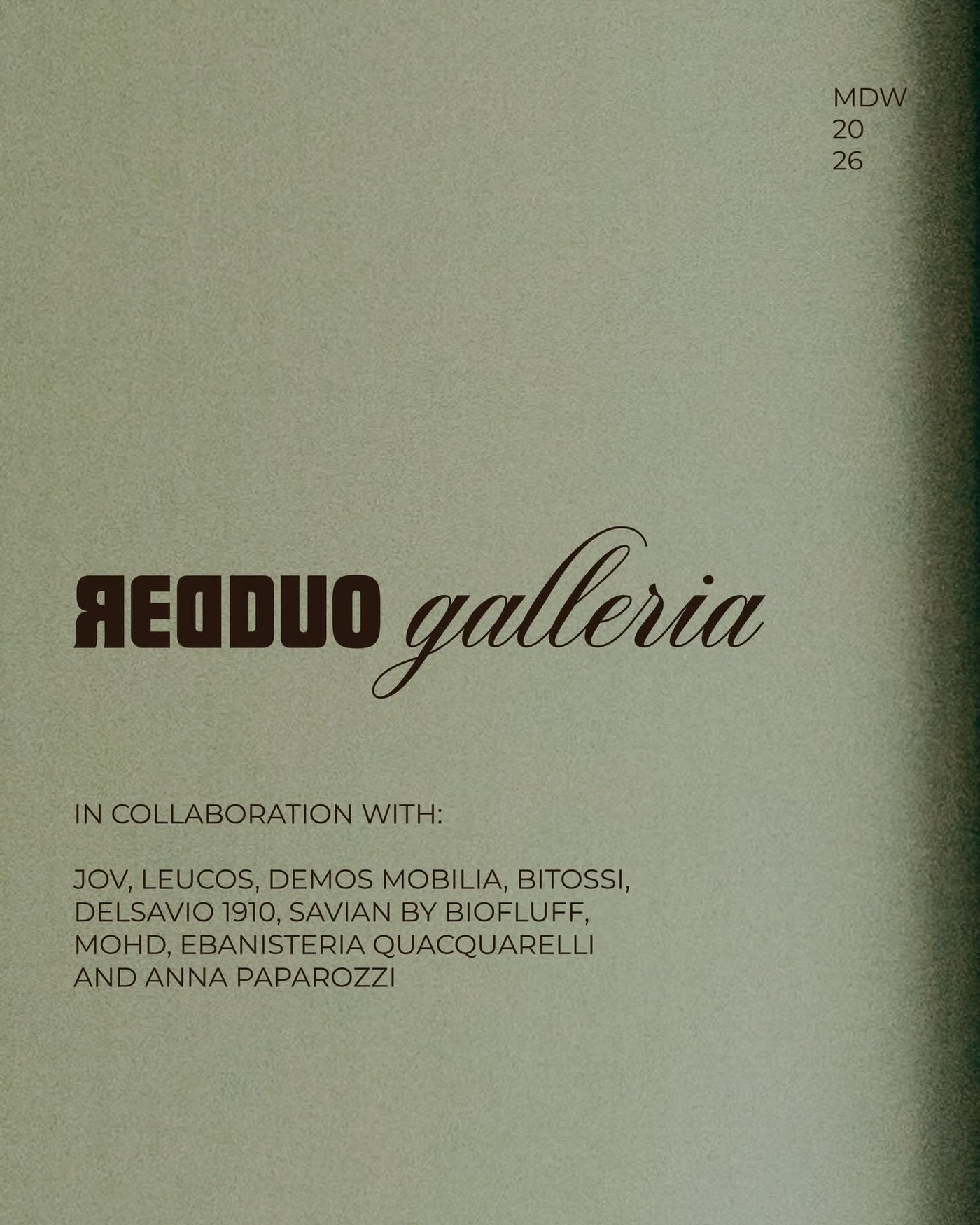 A pale green poster for the REDDUO galleria at Milan Design Week 2026, listing the studios it works with.