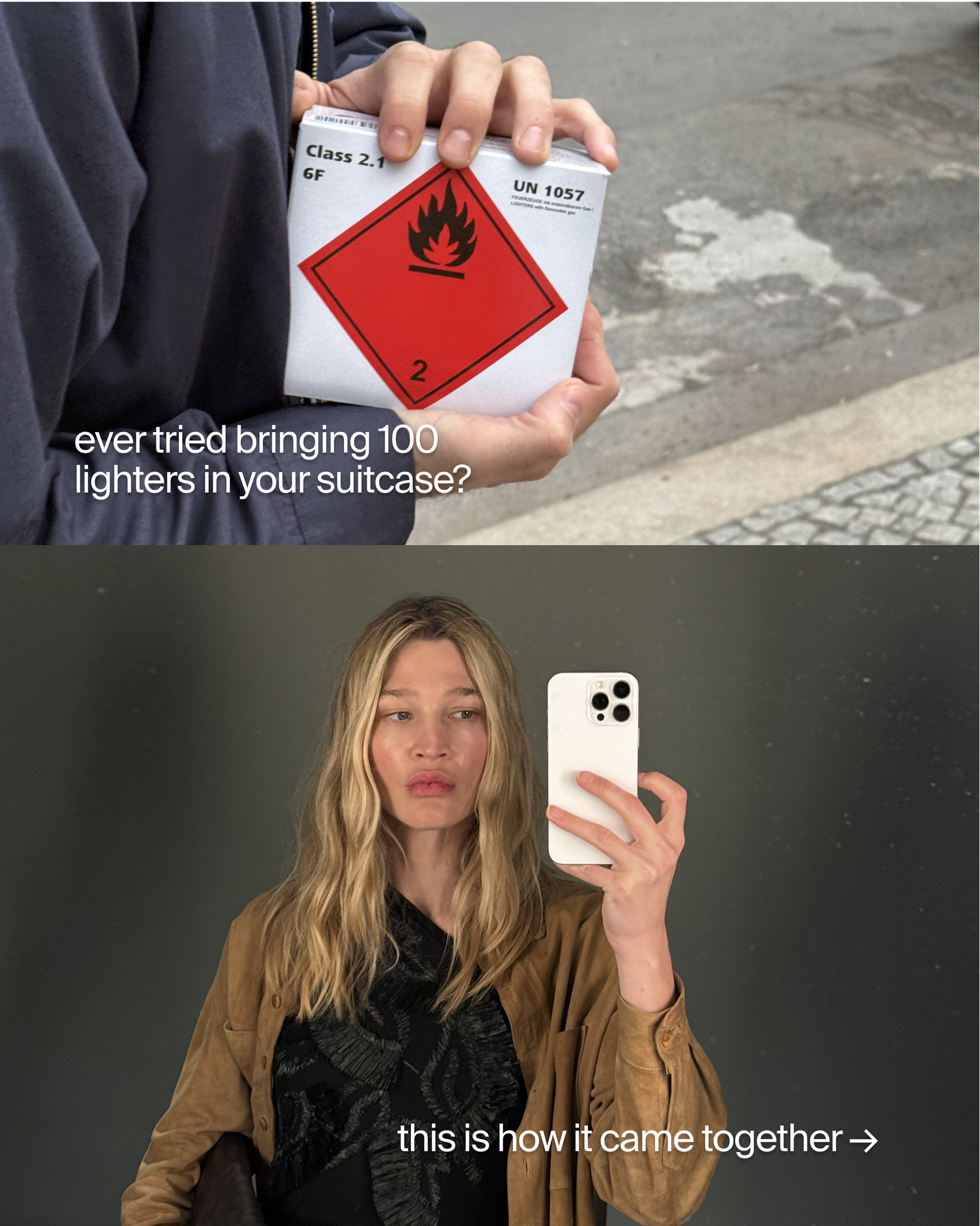 A box of lighters and a girl taking a mirror selfie with captions.