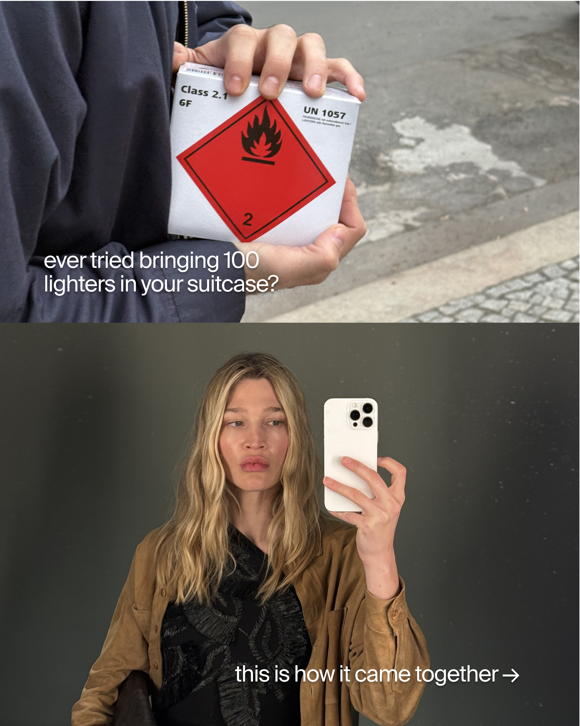 A box of lighters and a girl taking a mirror selfie with captions.