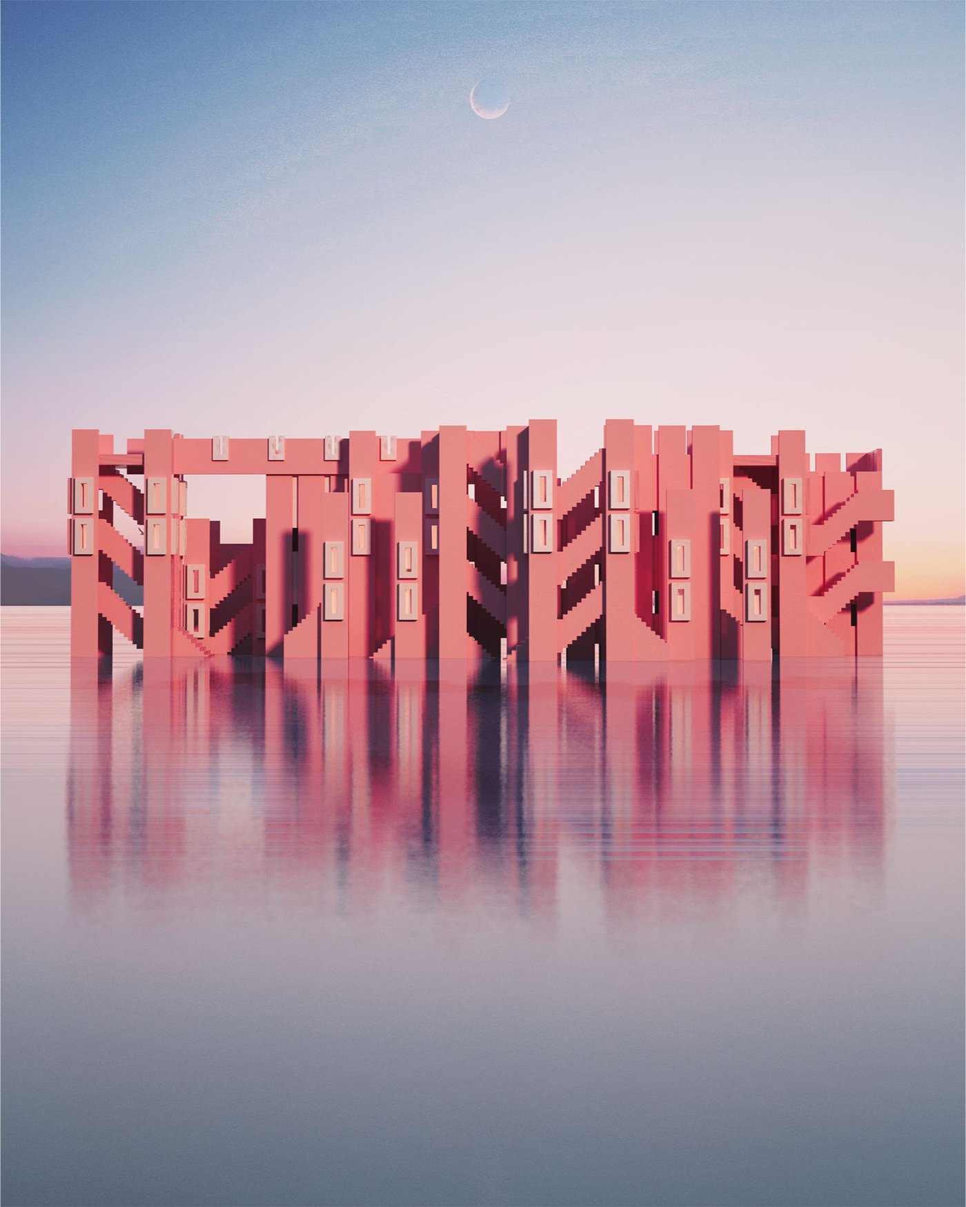 A pink concrete building standing in still water at dusk, under a crescent moon.