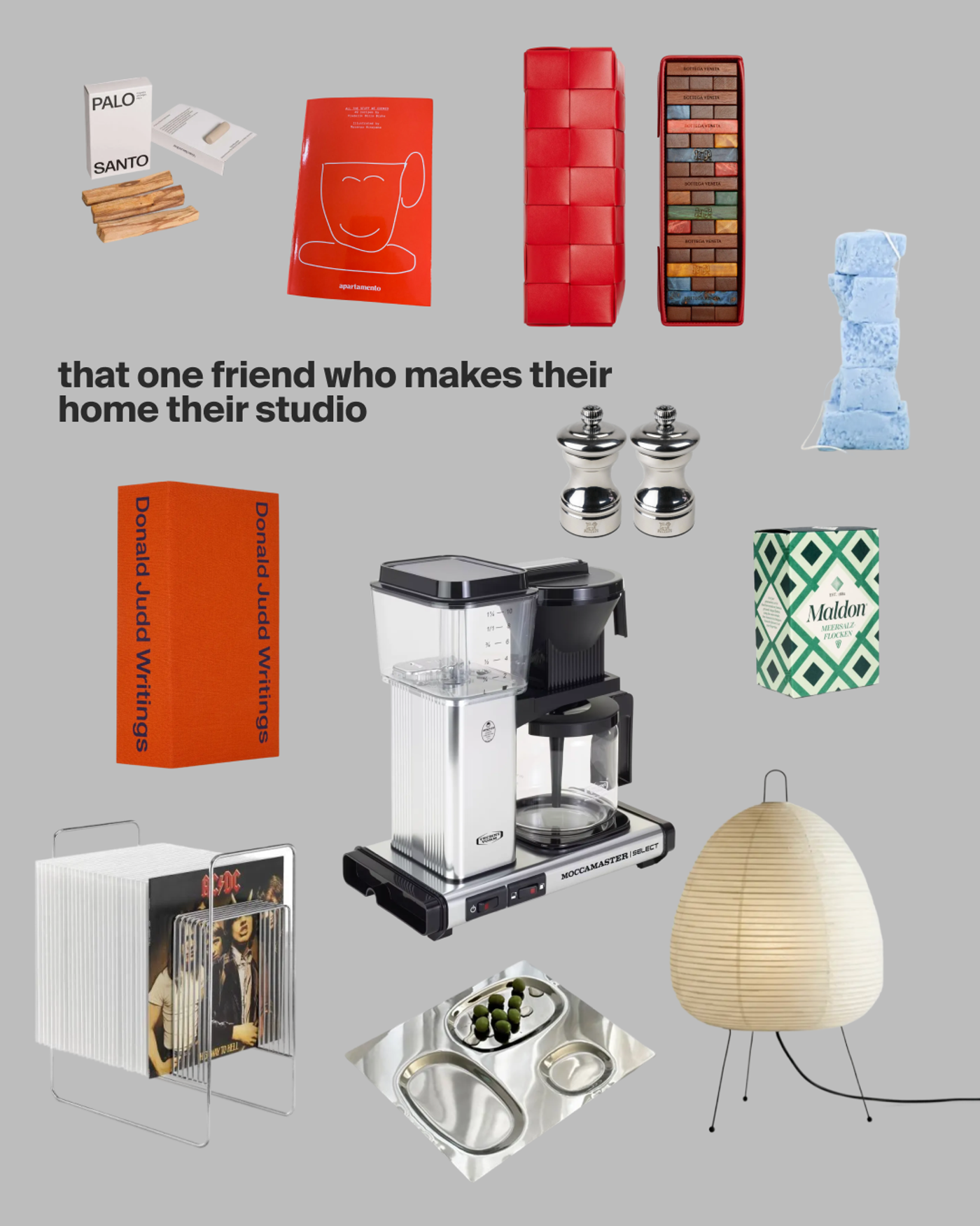 Gift collage "that one friend who makes their home their studio": Moccamaster, paper lamp, Donald Judd Writings, palo santo