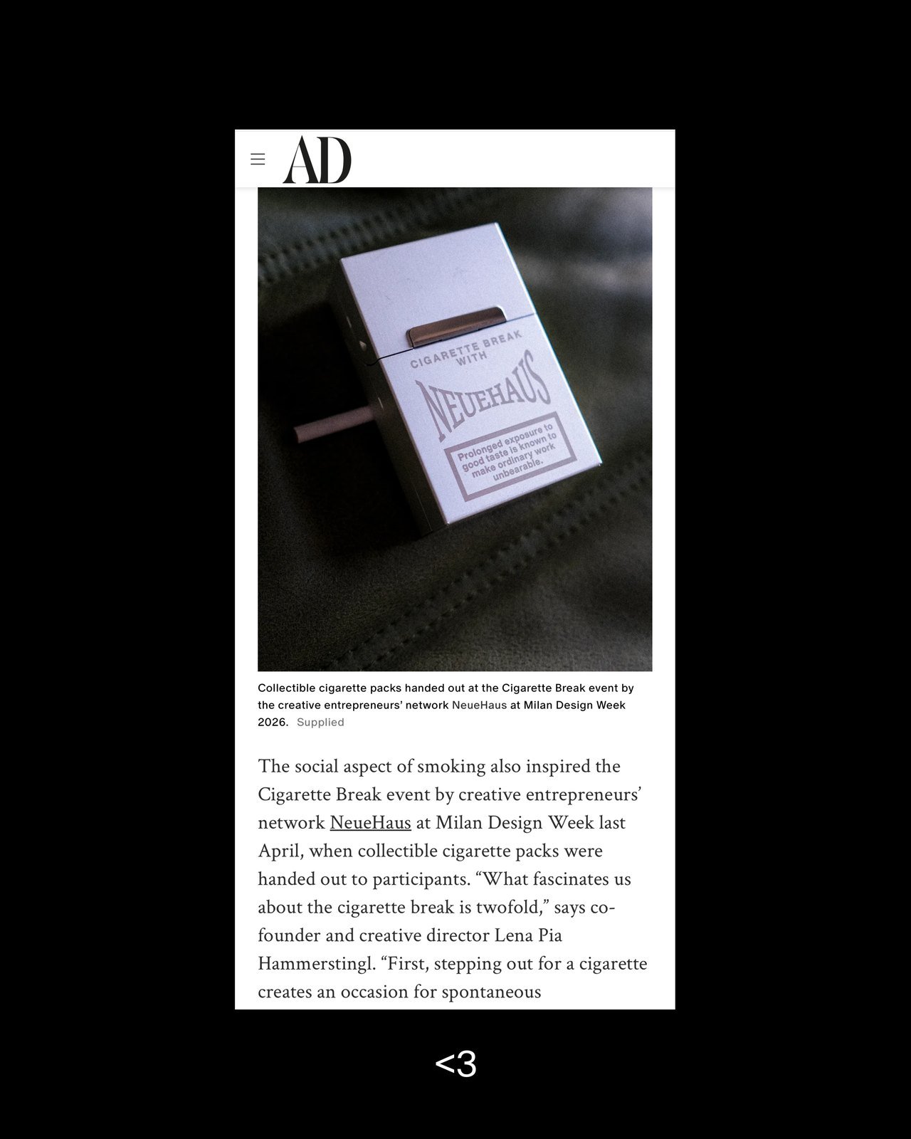 An Architectural Digest article about the NeueHaus Cigarette Break at Milan Design Week.