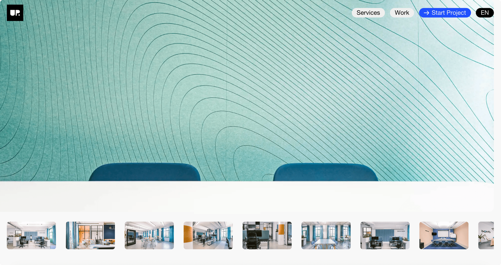 A page of the UP GREAT site with a contour pattern and a strip of project thumbnails under it.