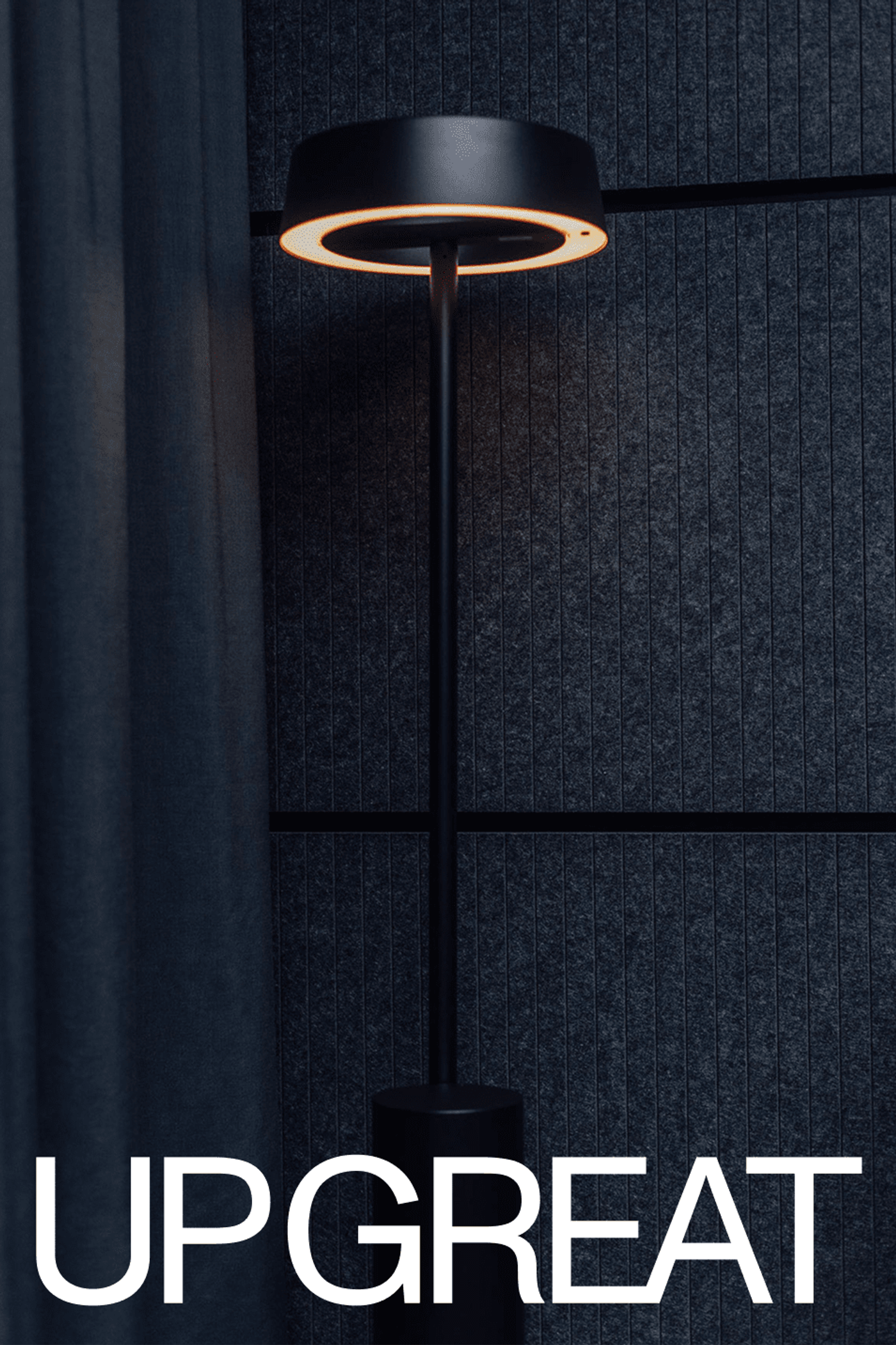 A black floor lamp against a dark panelled wall, under the UP GREAT name.