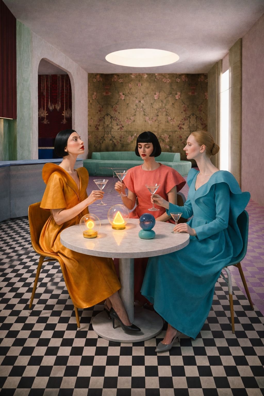 Three women in coloured dresses drink martinis at a marble table on a checkerboard floor.