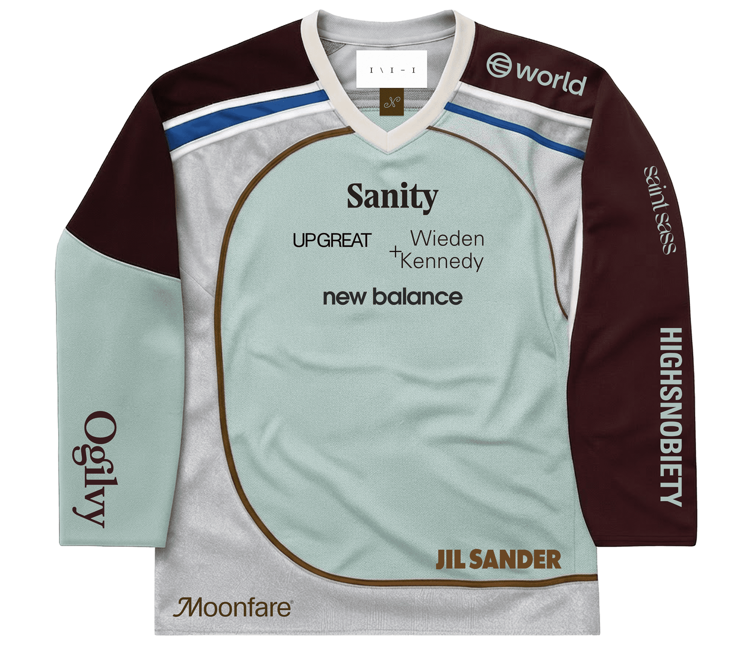 A sport t-shirt with several company logos on it. 