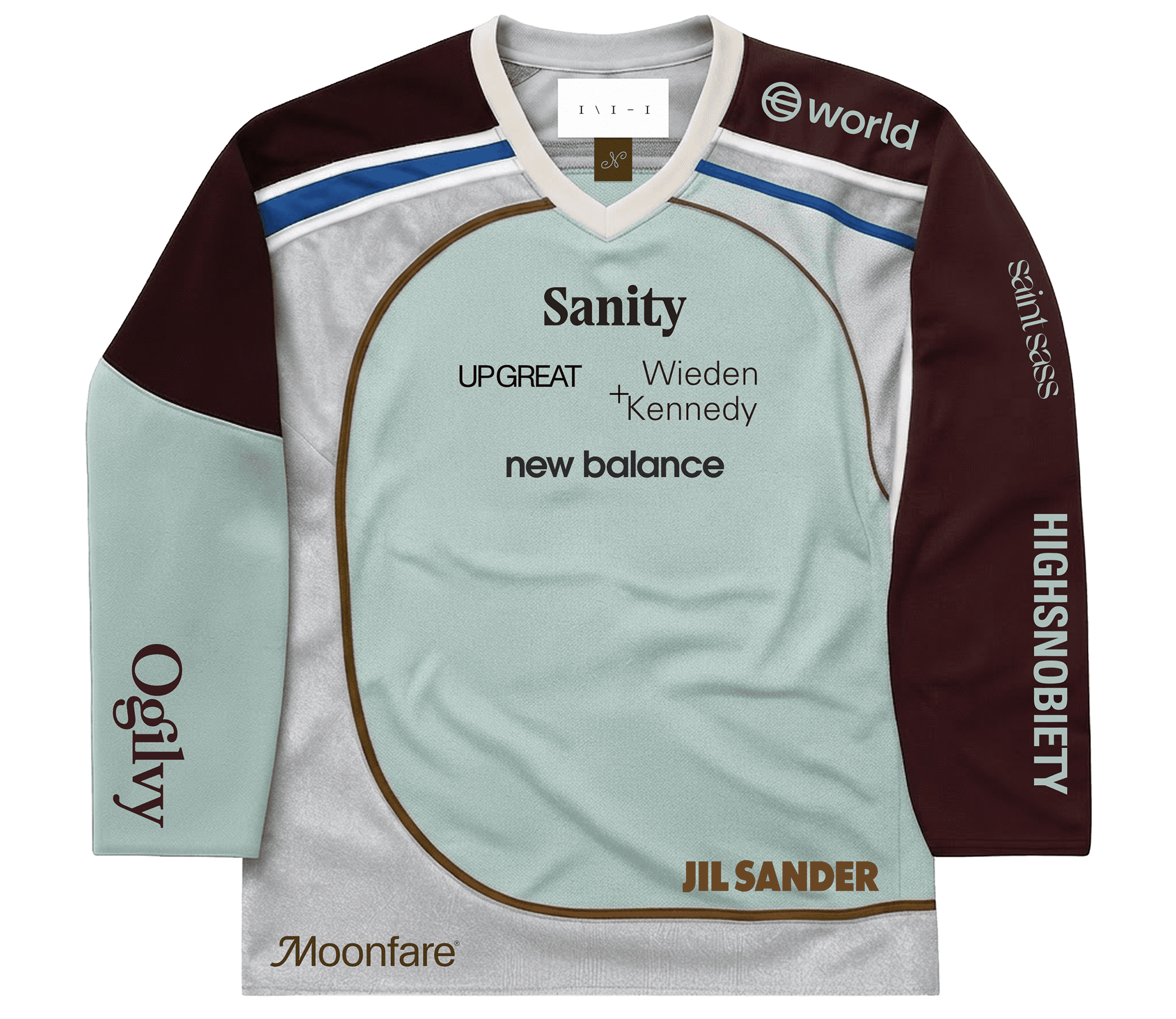 A sport t-shirt with several company logos on it.