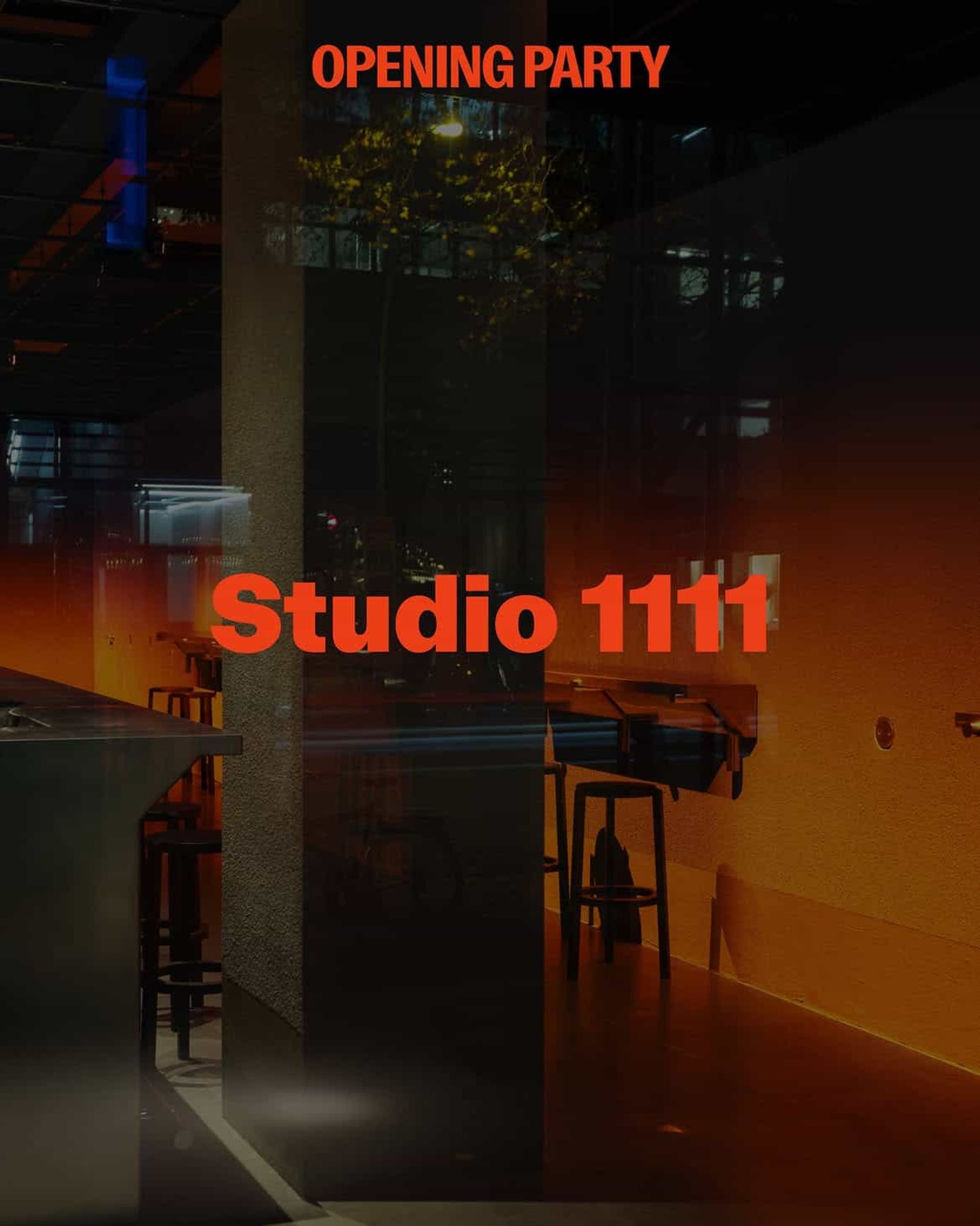 A poster for the Studio 1111 opening party, over a photograph of a bar at night.