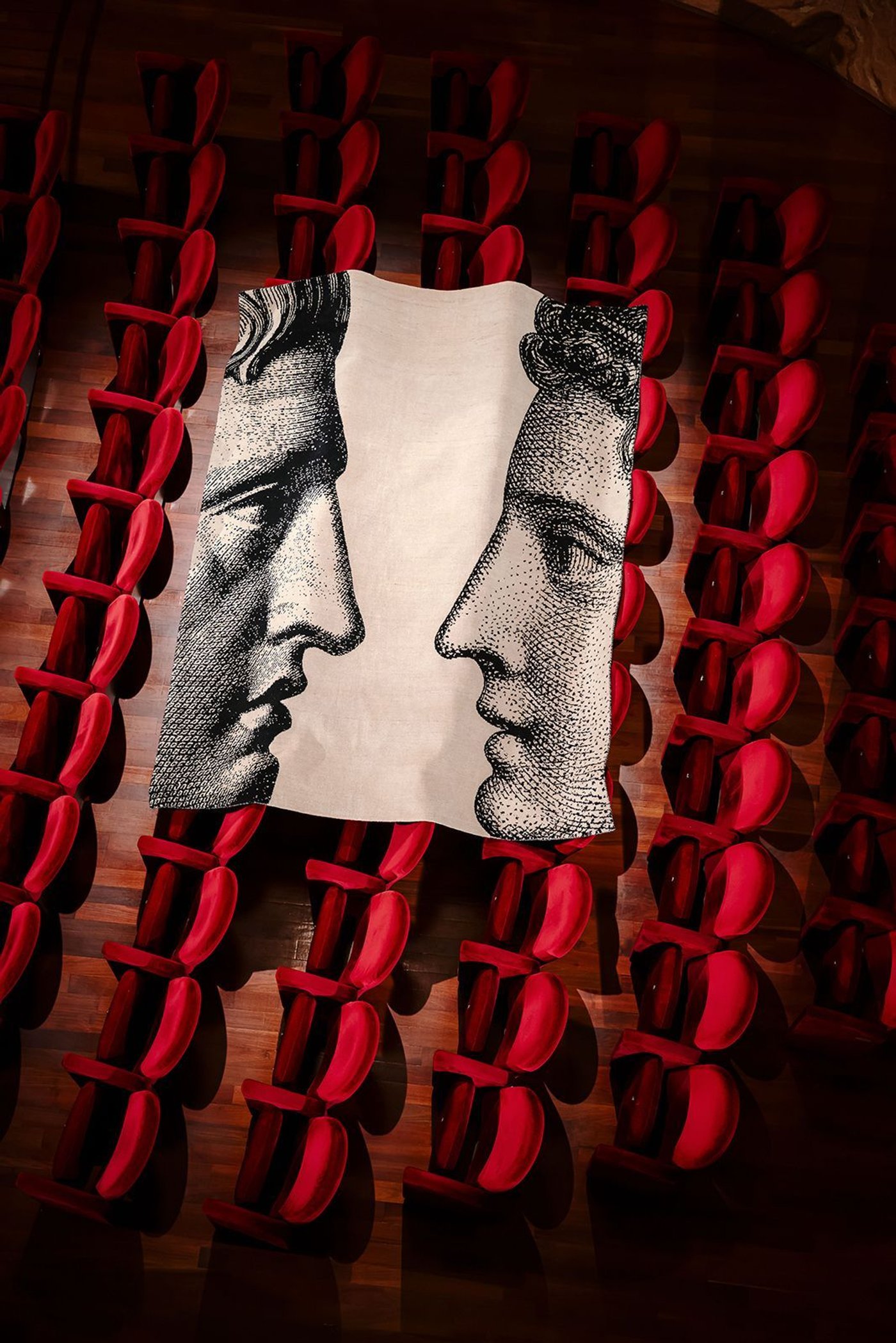 A drawing of two facing classical profiles, hung above rows of red theatre seats.