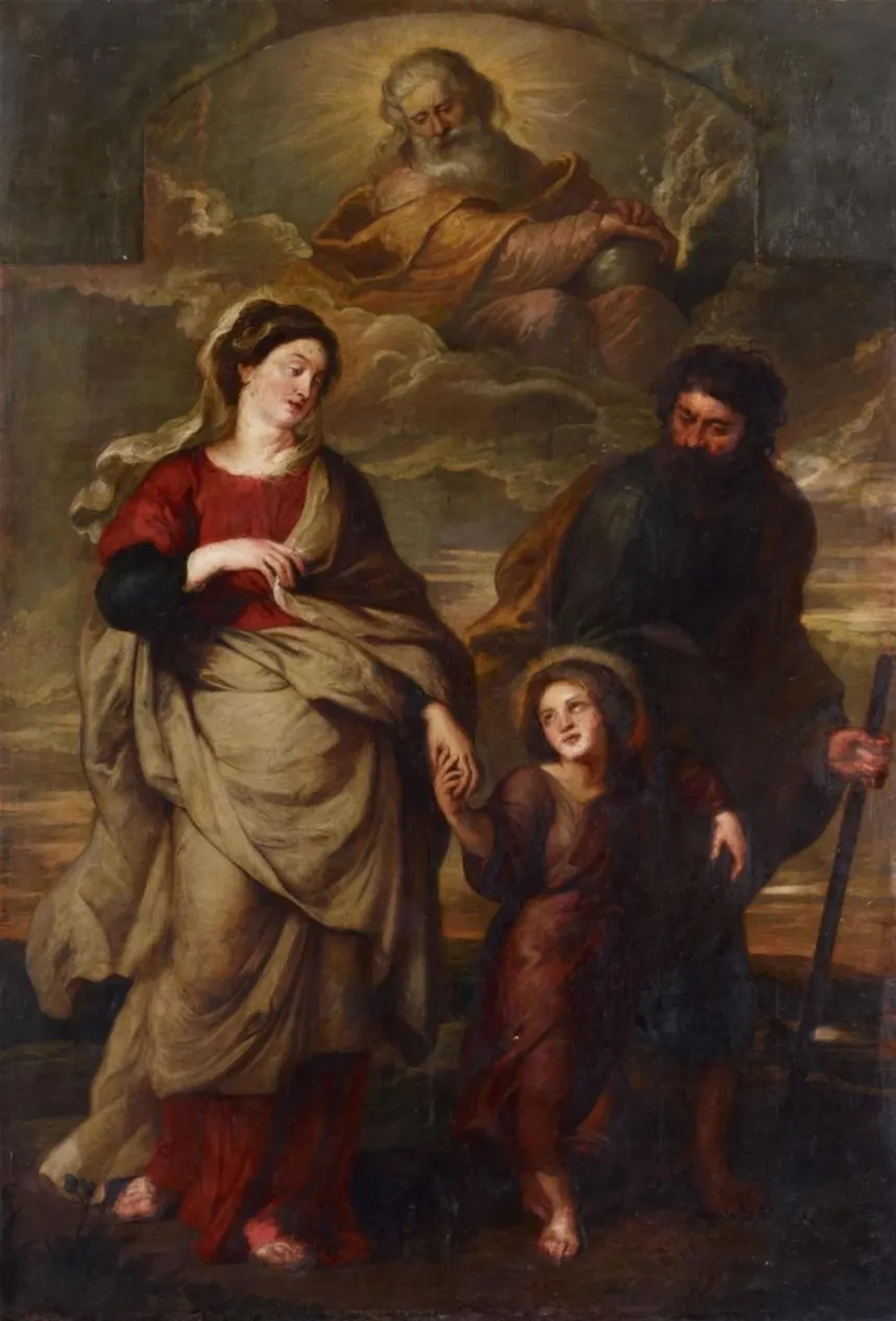 Baroque painting in the manner of Rubens: Mary and Joseph lead the child Jesus by the hand, with God the Father in the clouds above them