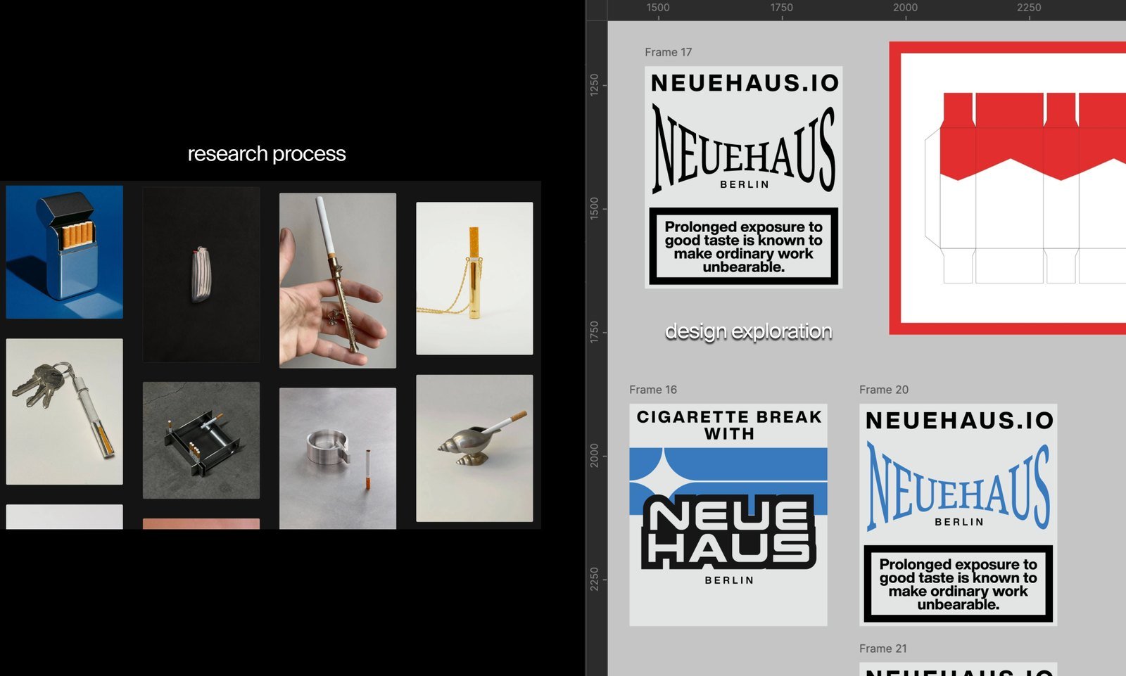 A research board of cigarette pack designs beside the finished NeueHaus packs.