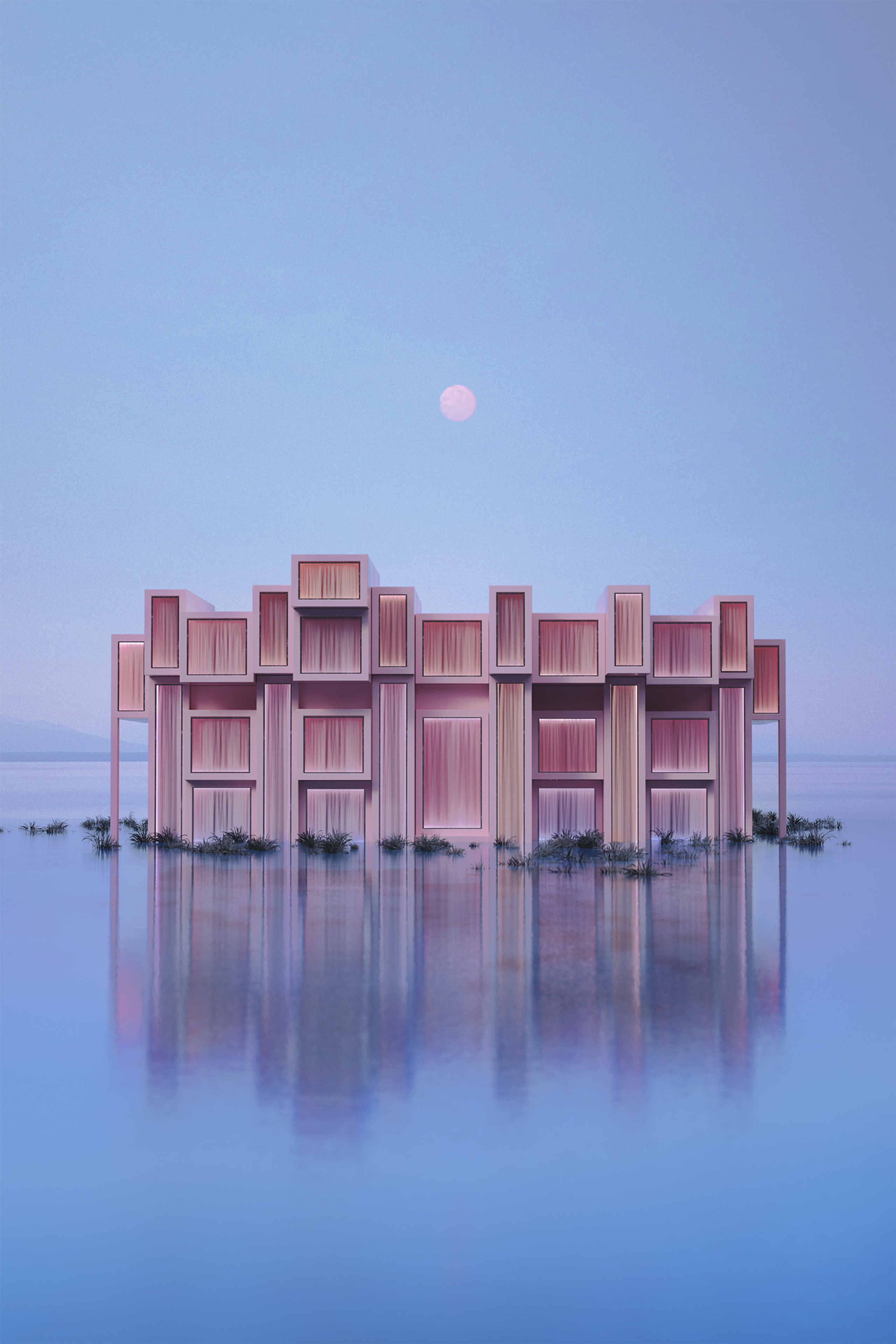 A pink modernist building standing in shallow water, reflected under a full moon.