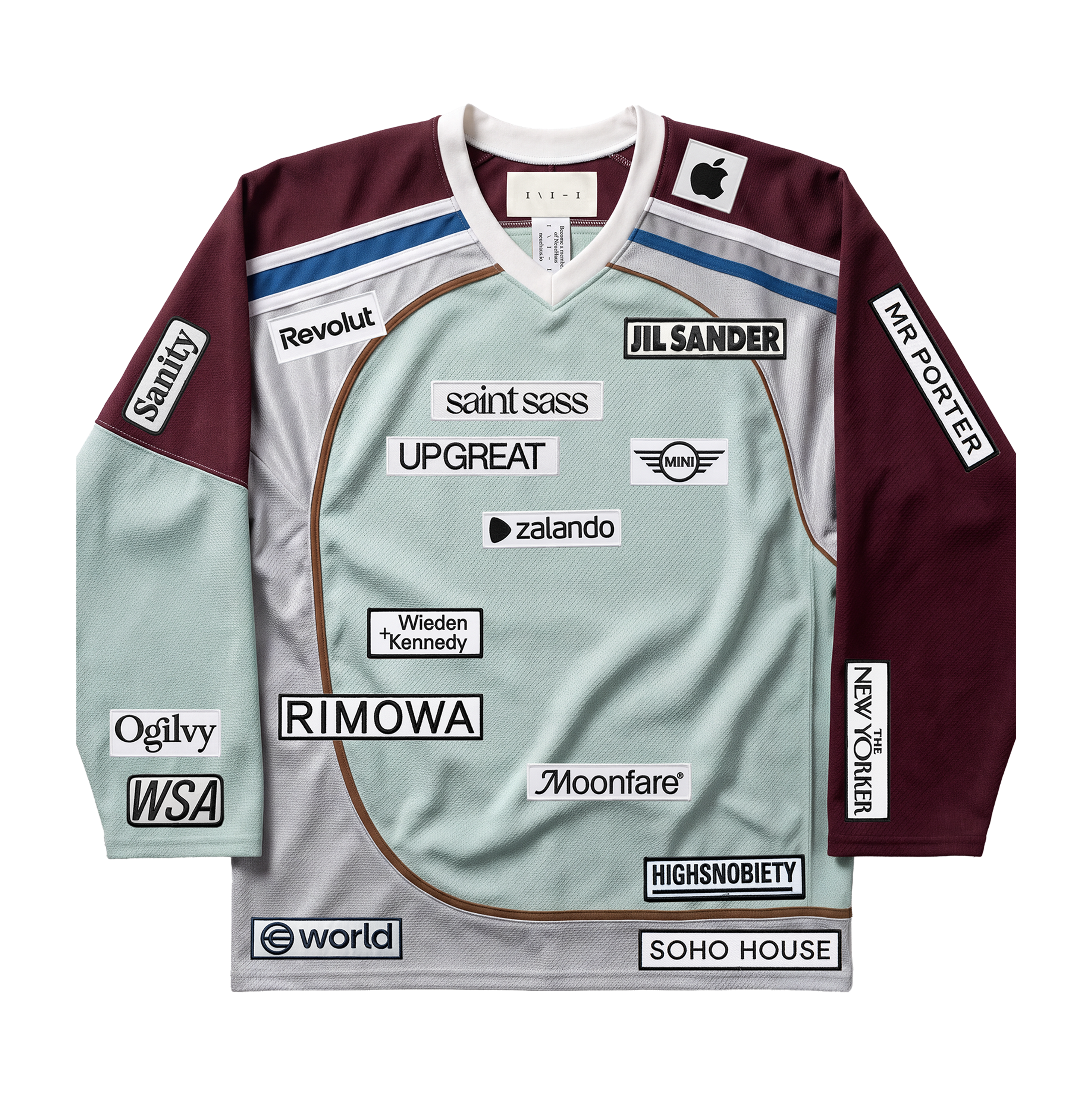 A sport t-shirt with several company logos on it. 