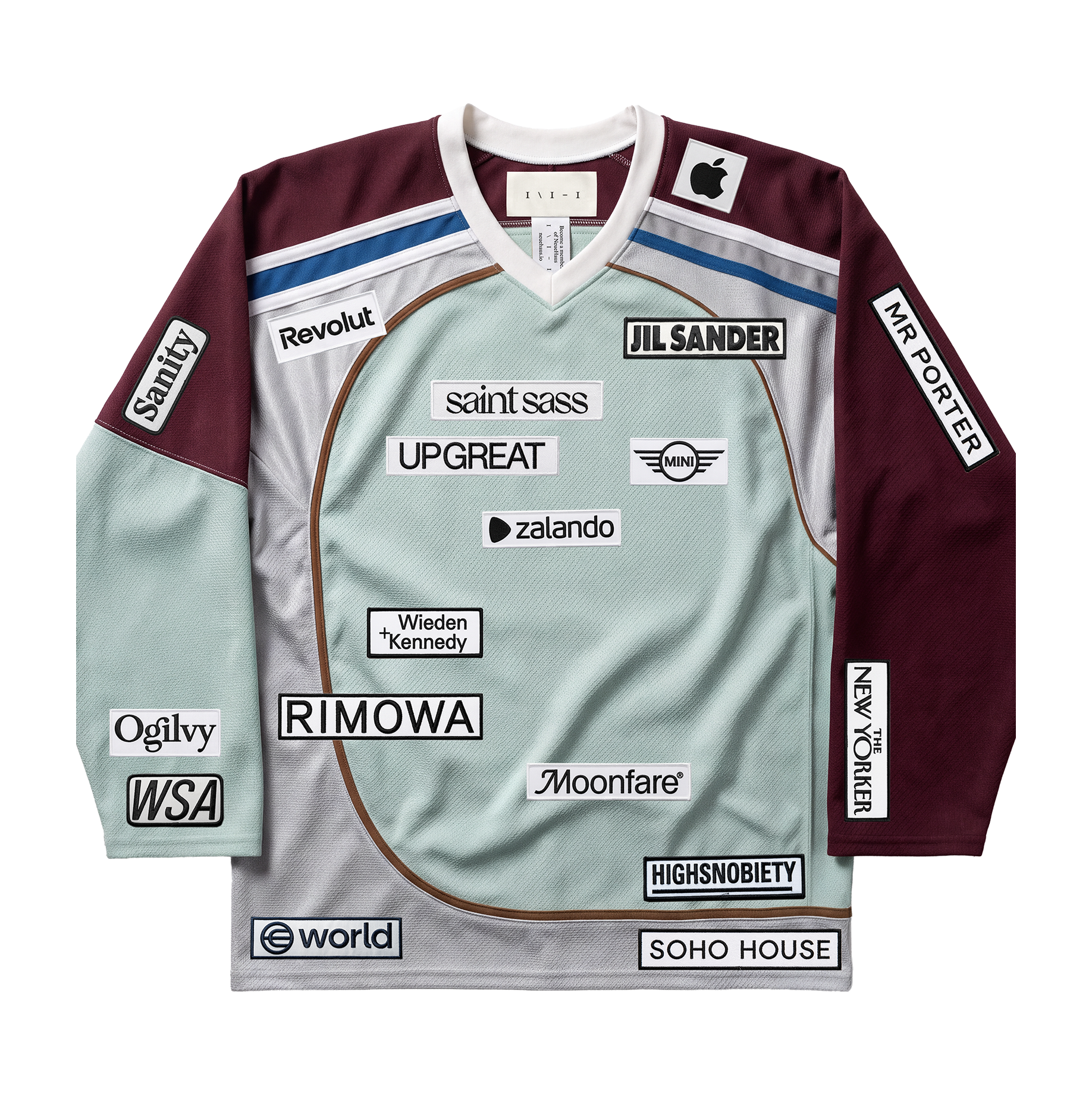 A sport t-shirt with several company logos on it.