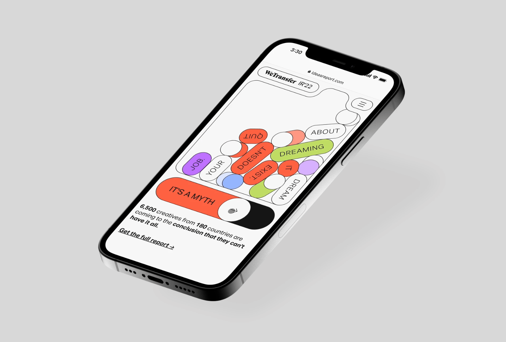 A phone showing a website made of coloured bubbles and buttons.