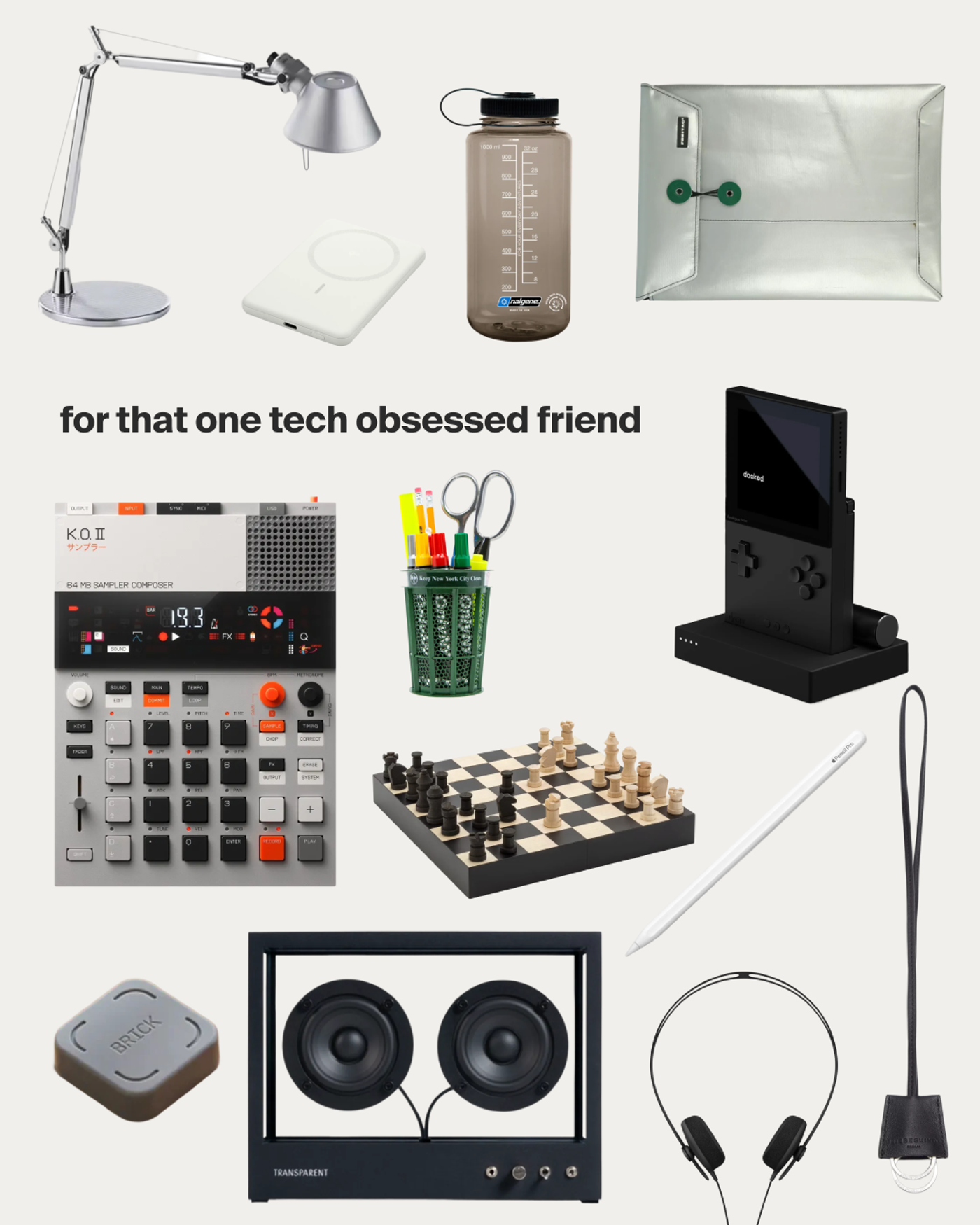 Gift collage "for that one tech obsessed friend": K.O. II sampler, handheld console, Transparent speaker, chess set, desk lamp