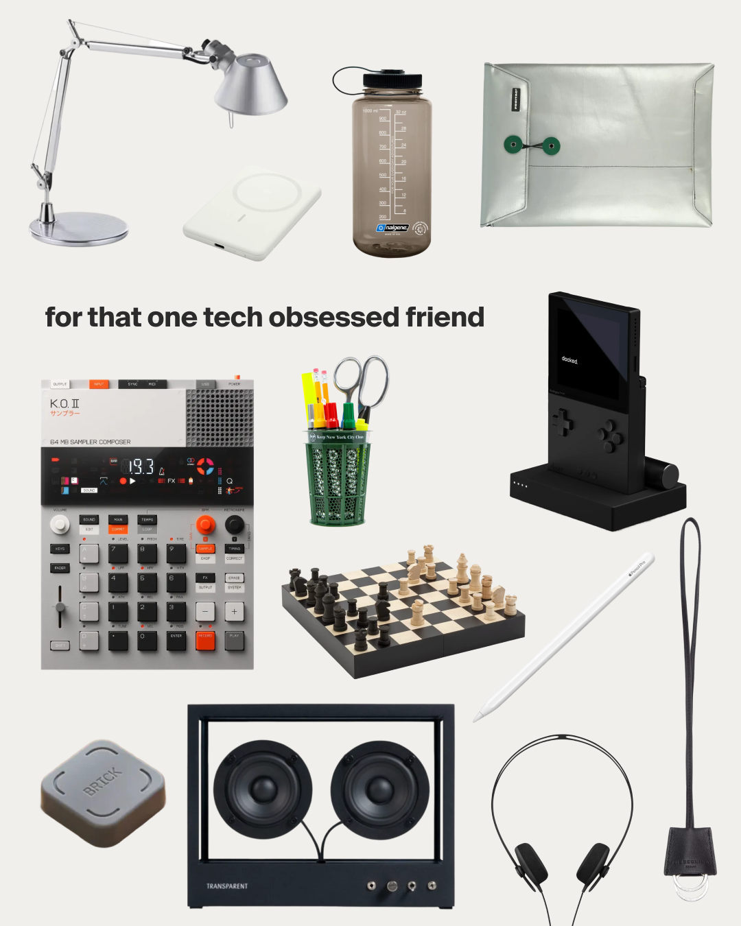 Gift collage "for that one tech obsessed friend": K.O. II sampler, handheld console, Transparent speaker, chess set, desk lamp