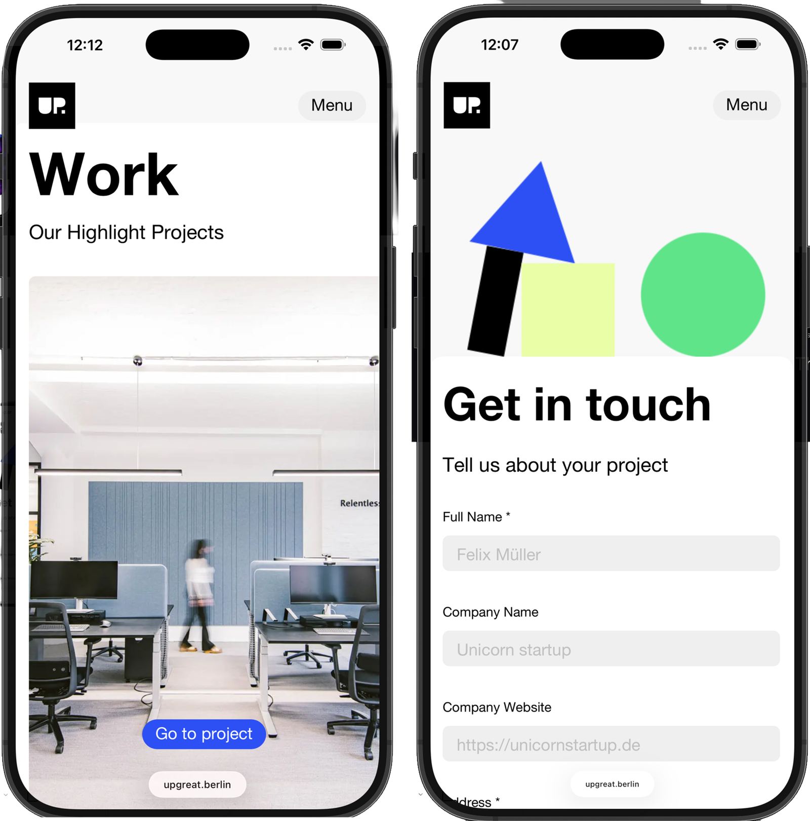 The UP GREAT site on two phones, showing the work page and the contact form.