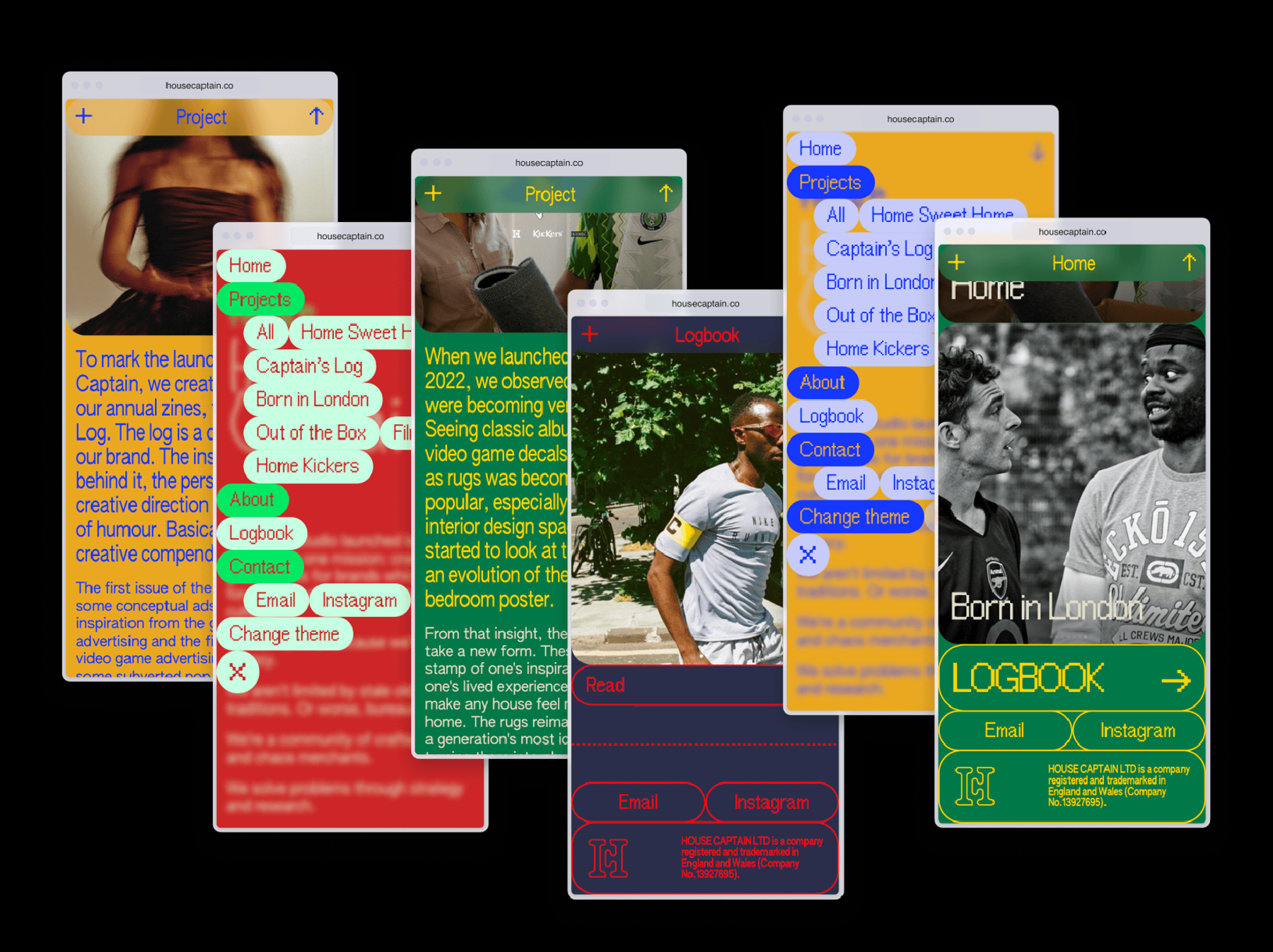 Several screens of a brightly coloured website, laid over a black background.