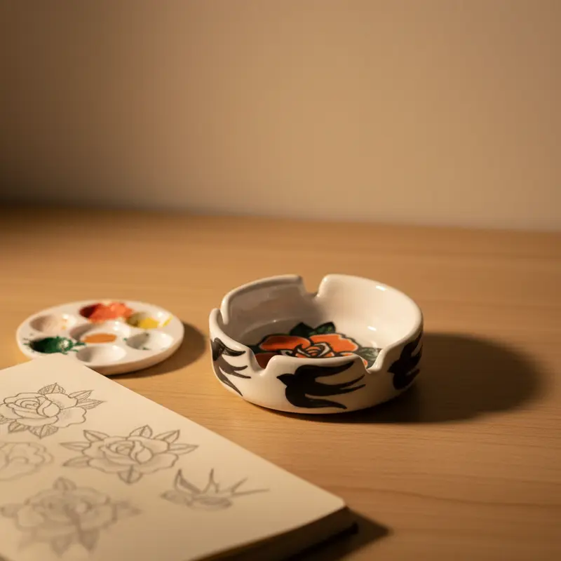 ceramic ashtray with traditional tattoo rose design on table with sketchbook