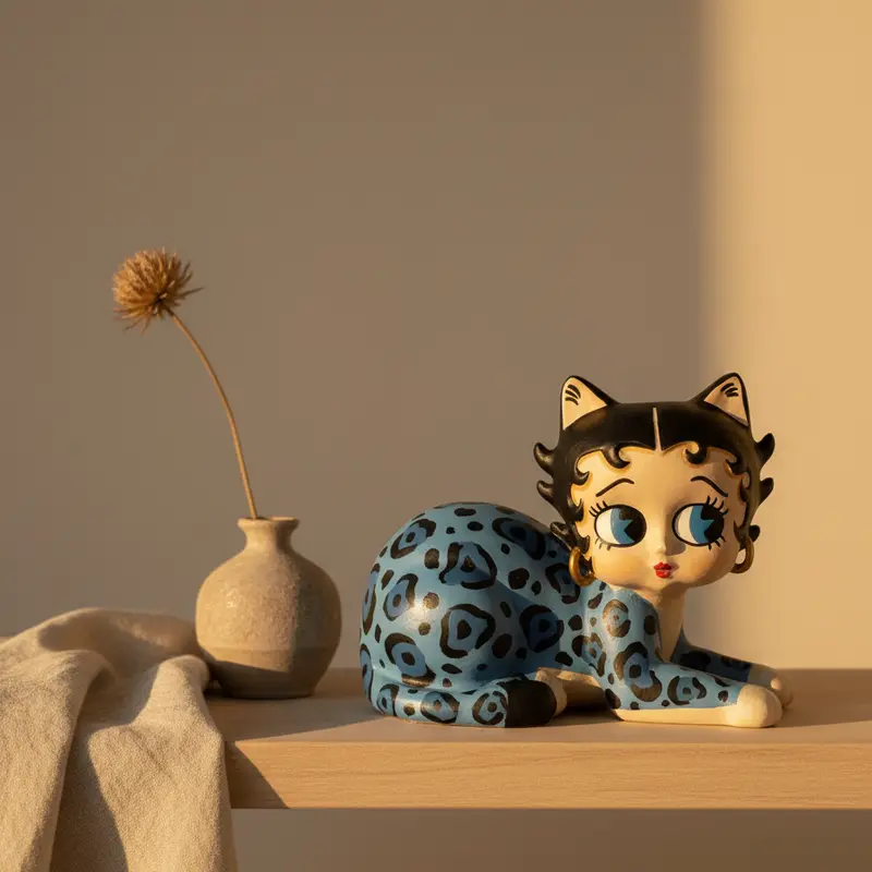 Betty Boop style blue leopard cat figurine on a minimalist shelf