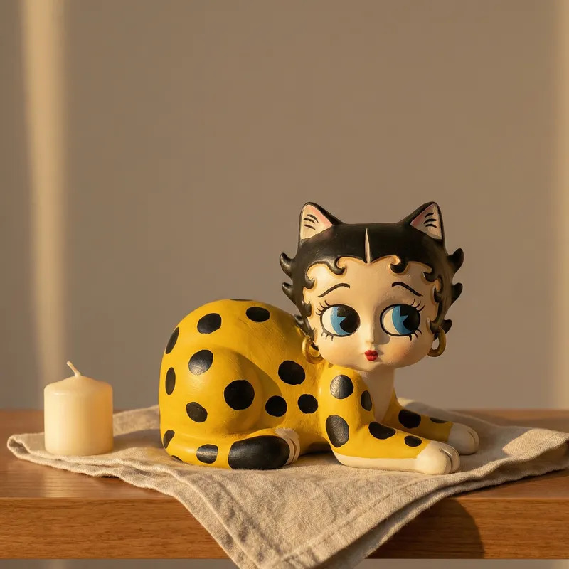 betty style cat figurine with yellow polka dot pattern on table with candle