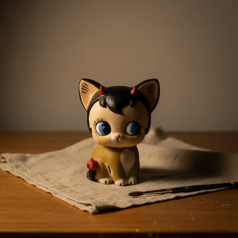 cat figurine with red devil horns on table with cloth and paintbrush
