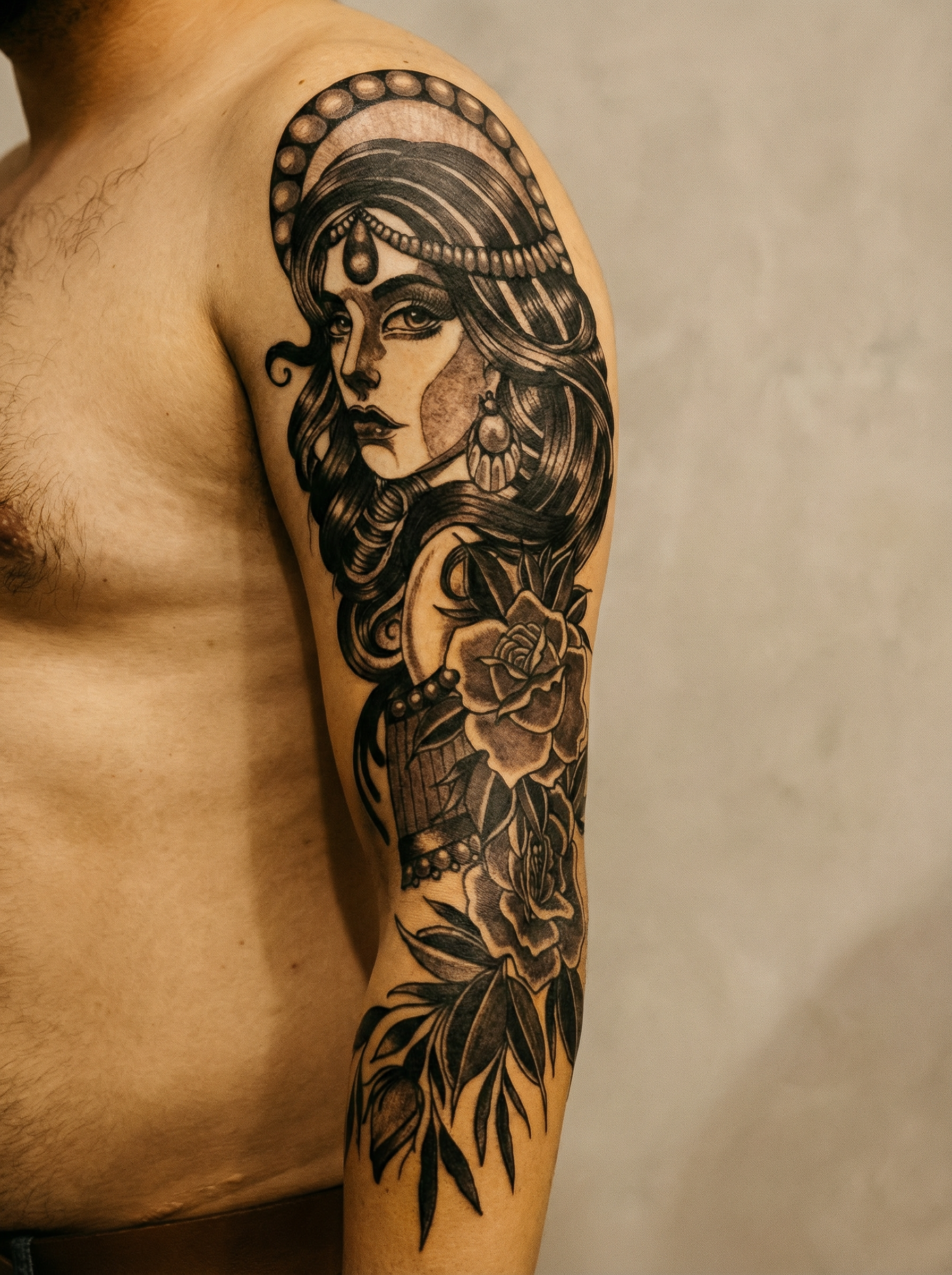 neo traditional goddess portrait tattoo black and grey upper arm sleeve