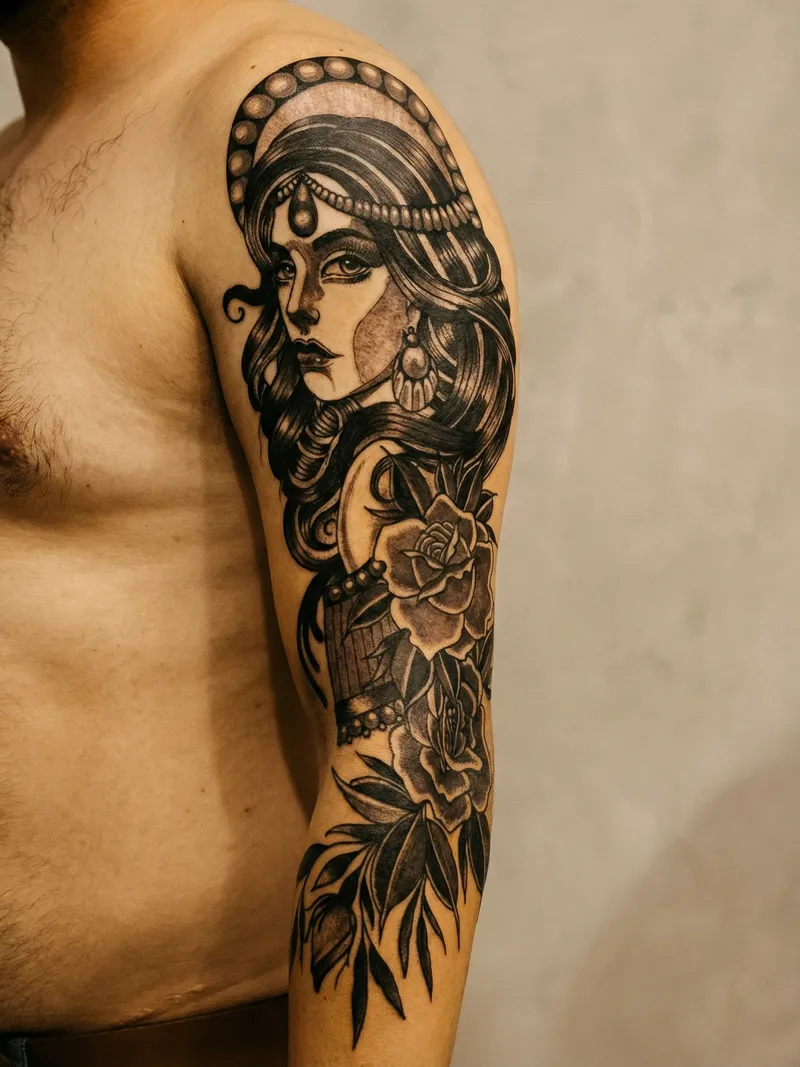 neo traditional goddess portrait tattoo black and grey upper arm sleeve