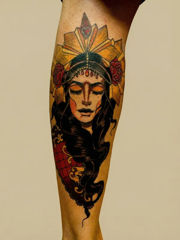 Neo-traditional tattoo on the calf depicting a woman with closed eyes wearing a geometric spiked sunburst crown with floral accents and an ornate patterned garment. Color palette of gold, deep crimson, and heavy black.
