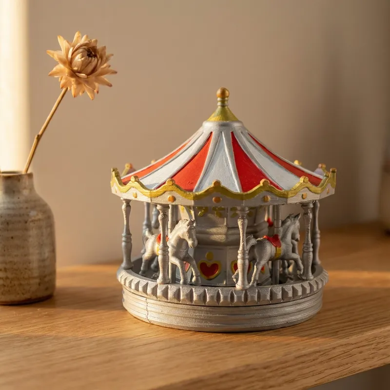 vintage decorative carousel with horses that spins manually on wooden shelf