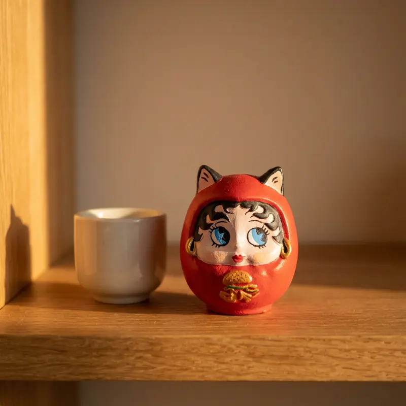 red daruma style figurine with betty face and cat ears on wooden shelf