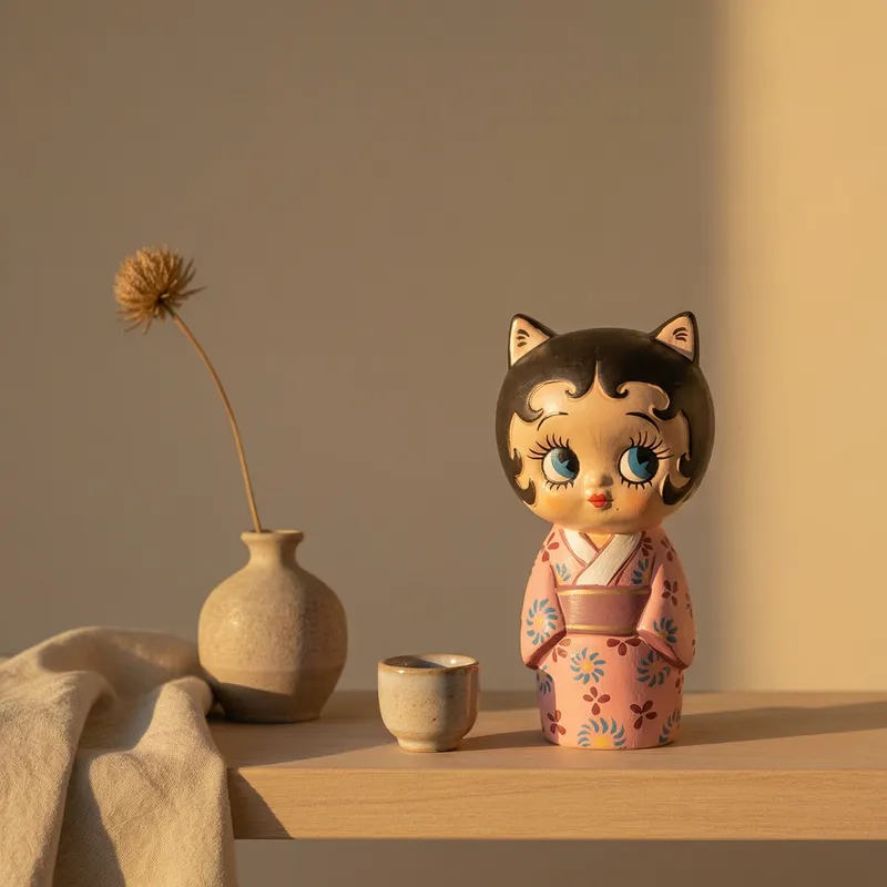 kokeshi doll with betty boop inspired face as a cat wearing floral kimono