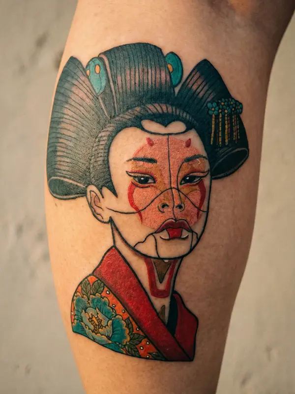 Neo-traditional tattoo on the calf depicting a front-facing geisha with cybernetic panel lines dividing her face like mechanical doll joints. Color palette of teal, crimson red, and gold with bold outlines and saturated color fill.