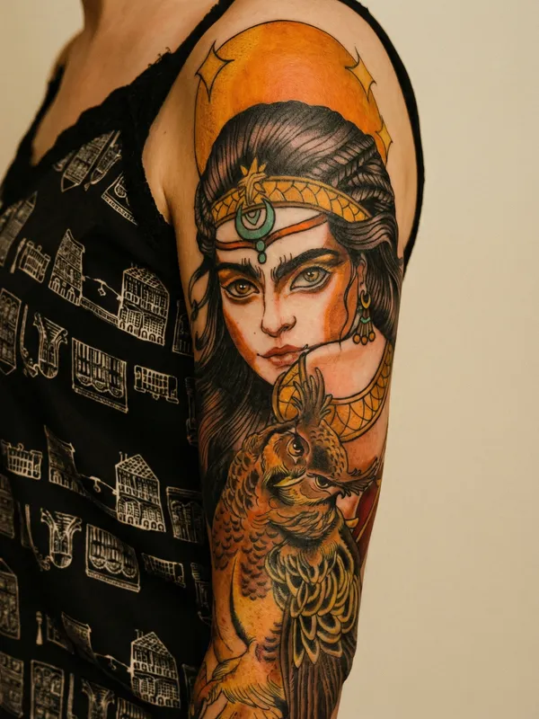 Neo-traditional arm tattoo depicting a woman's face with a large golden sunburst halo featuring negative-space star cutouts, with an owl positioned in the foreground. Warm palette of golden yellows, amber, and orange with teal jewelry accents.