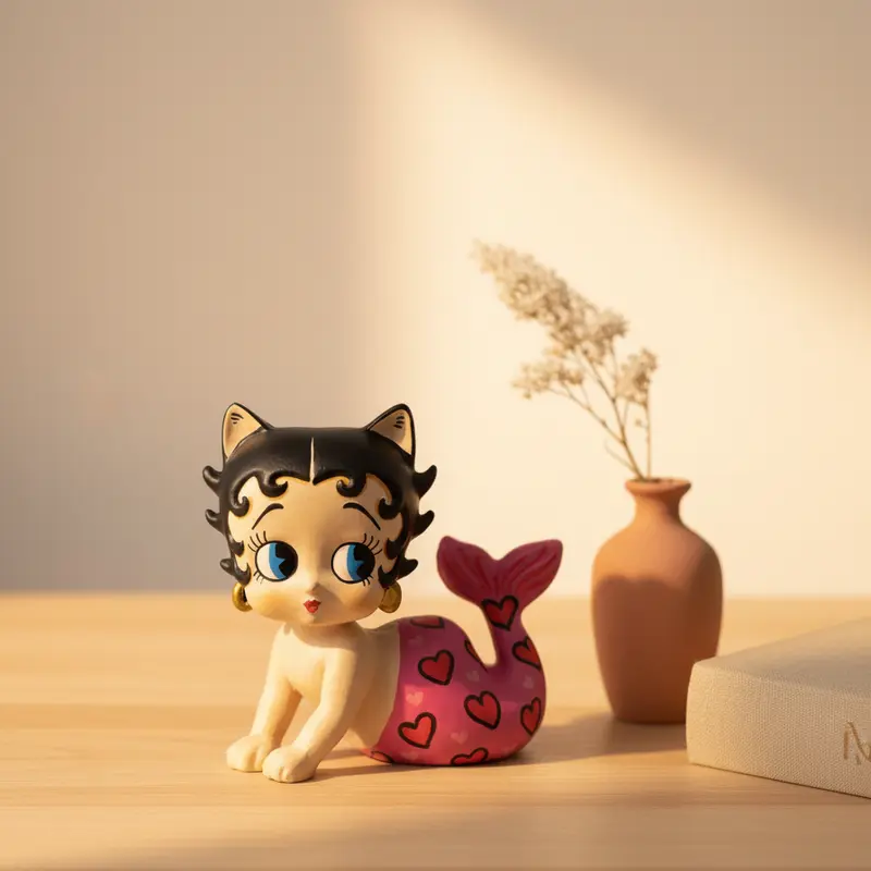 Betty Boop mermaid figurine with pink heart-pattern tail on minimalist surface
