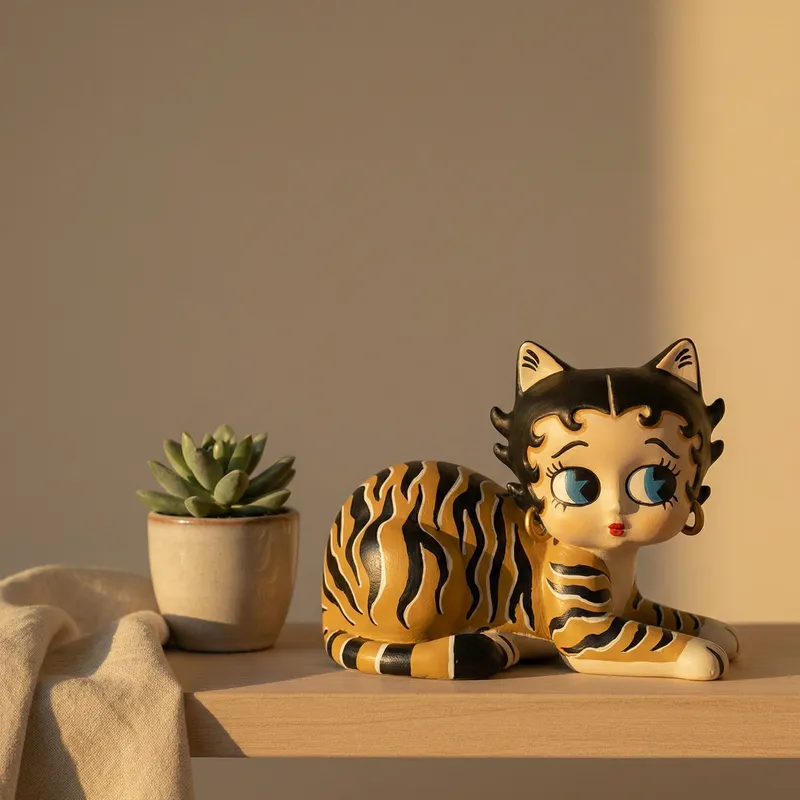 betty style cat figurine with tiger pattern on shelf with plant