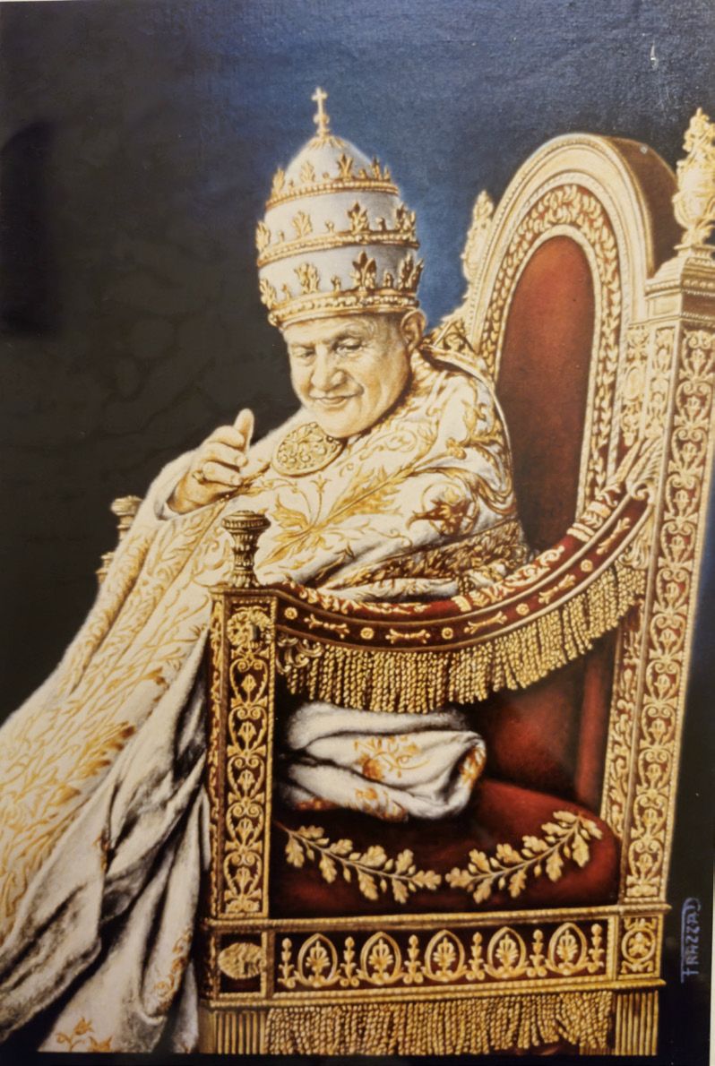 Duilio Frazza, Ritratto del Papa San Giovanni XXIII sulla sedia gestatoria, olio su tela.