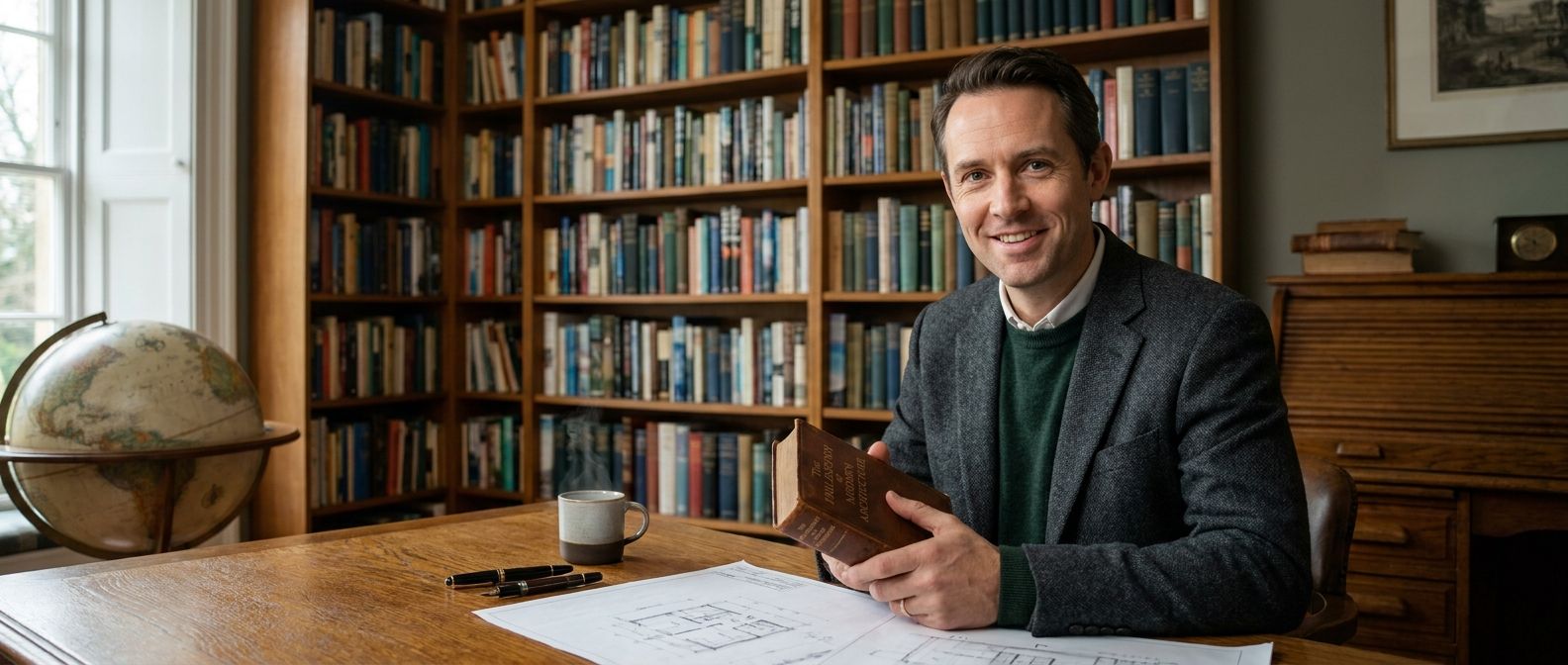 Portrait of Ethan Mason, Lead Architect at TrueBoaz, sitting at a desk in a warm, wood-paneled home library.