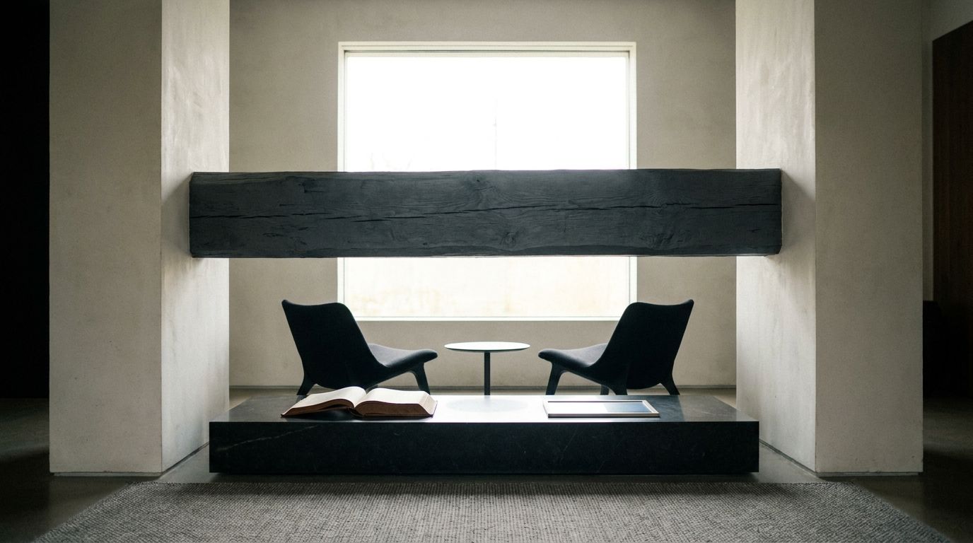 Two modern dark chairs facing each other in a calm, minimalist room with off-white walls and a solid charcoal-grey stone structure, symbolizing an intentional, grounded connection.