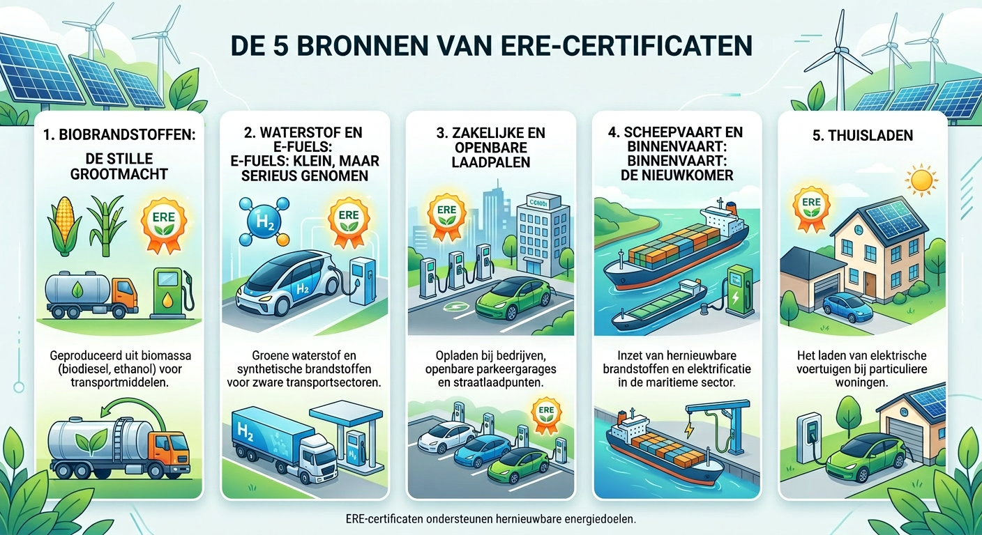 Infographic: de 5 bronnen van ERE-certificaten, biobrandstoffen, waterstof en e-fuels, zakelijke en openbare laadpalen, scheepvaart en thuisladen
