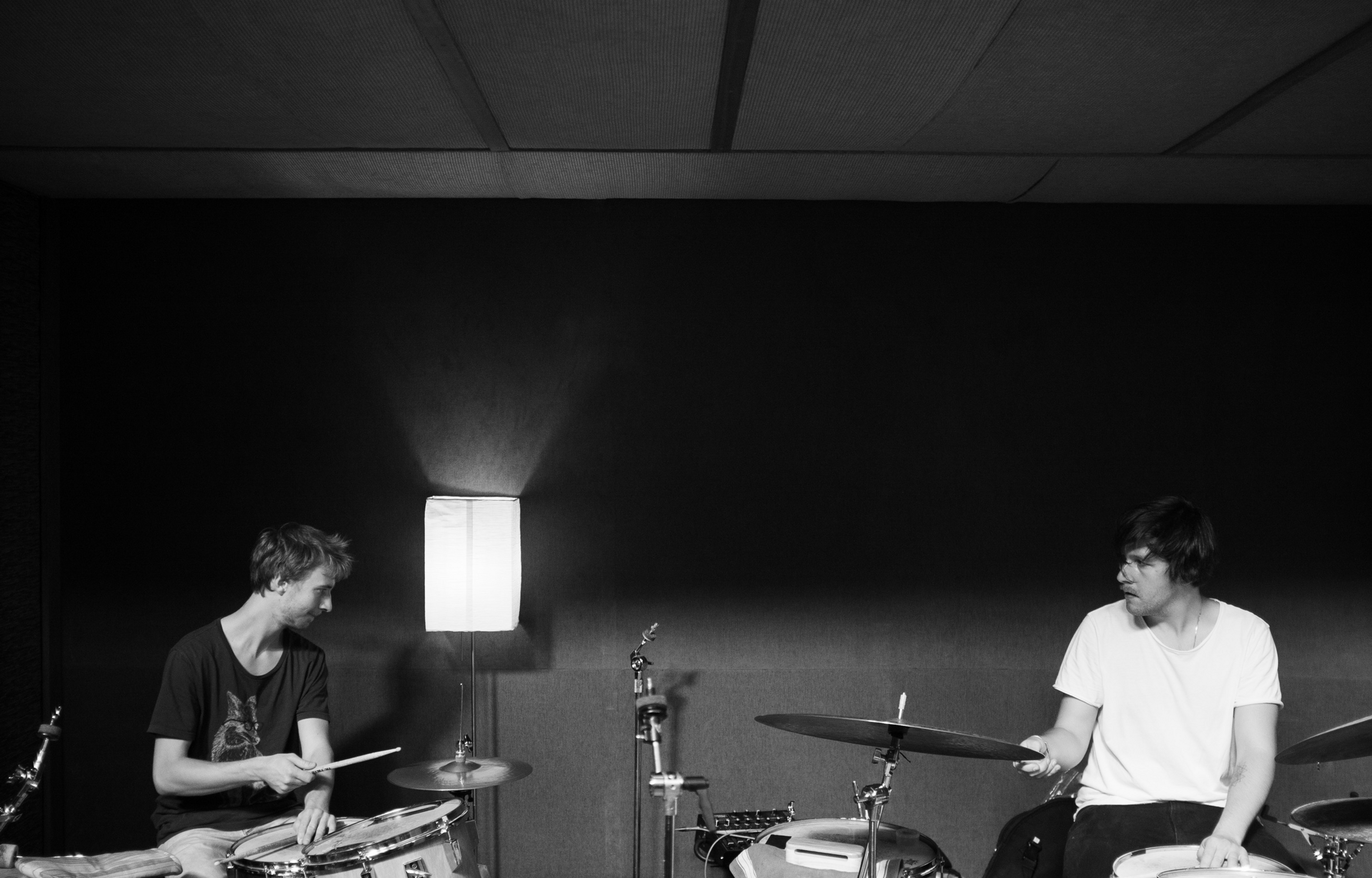 Simon Popp and Sebastian Wolfgruber playing drums at Fish Factory Studio in London