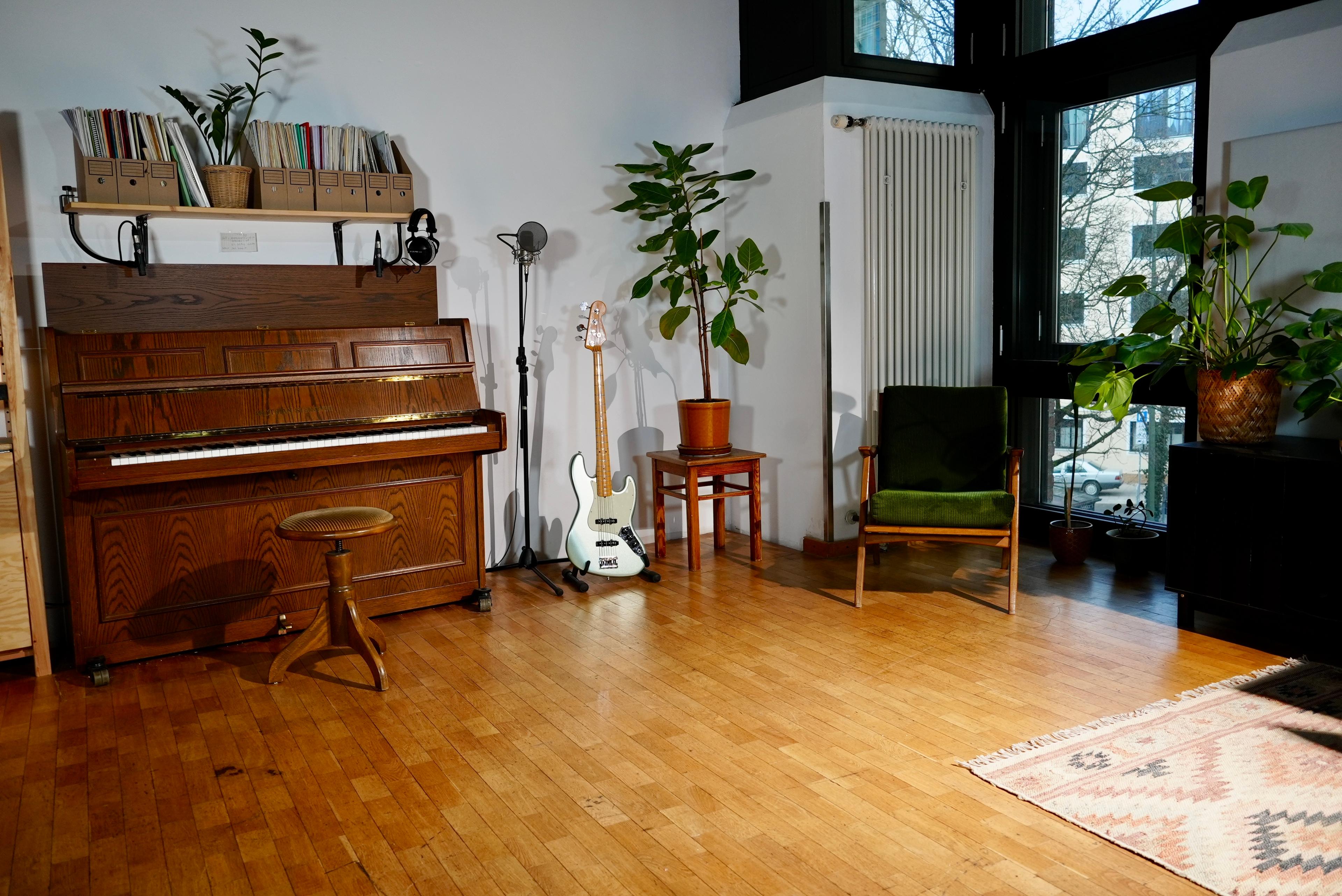 An old armchair, a piano, and some plants.