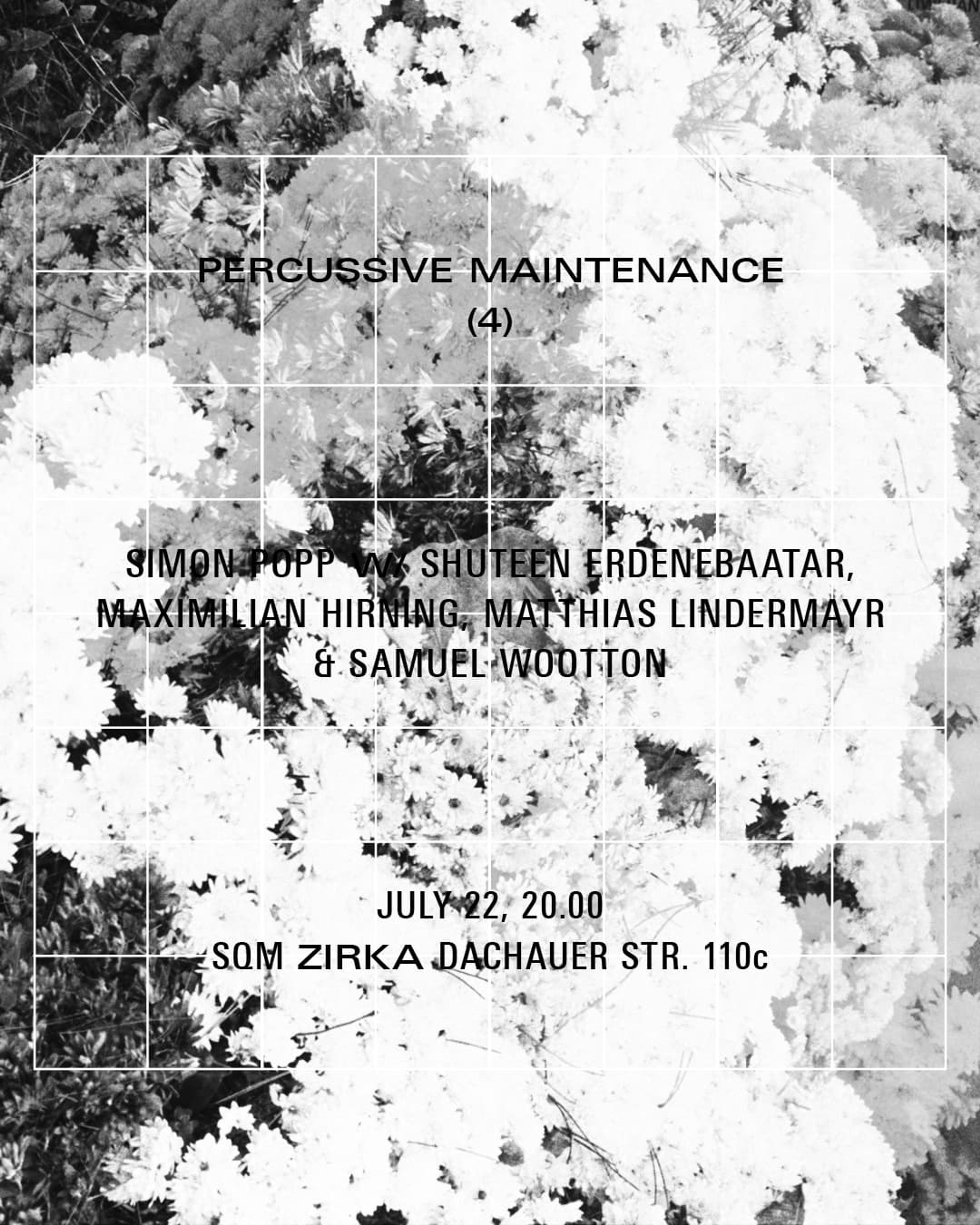Concert Announcement of live improvisation with Shuteen Erdenebaatar, Maximilian Hirning, Sam Wooton and Simon Popp at Zirka Munich