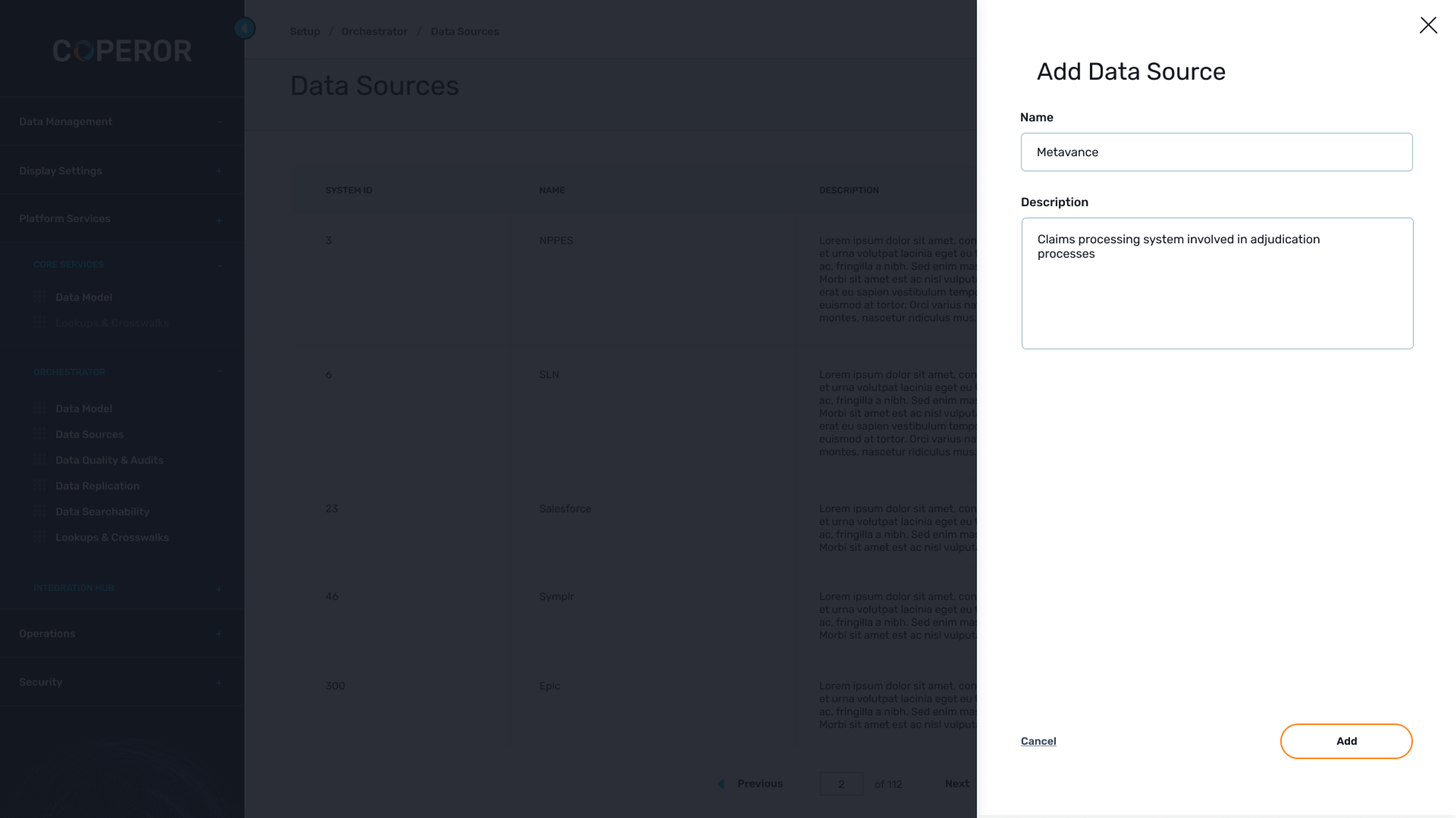 A form for adding a new data source to Coperor.