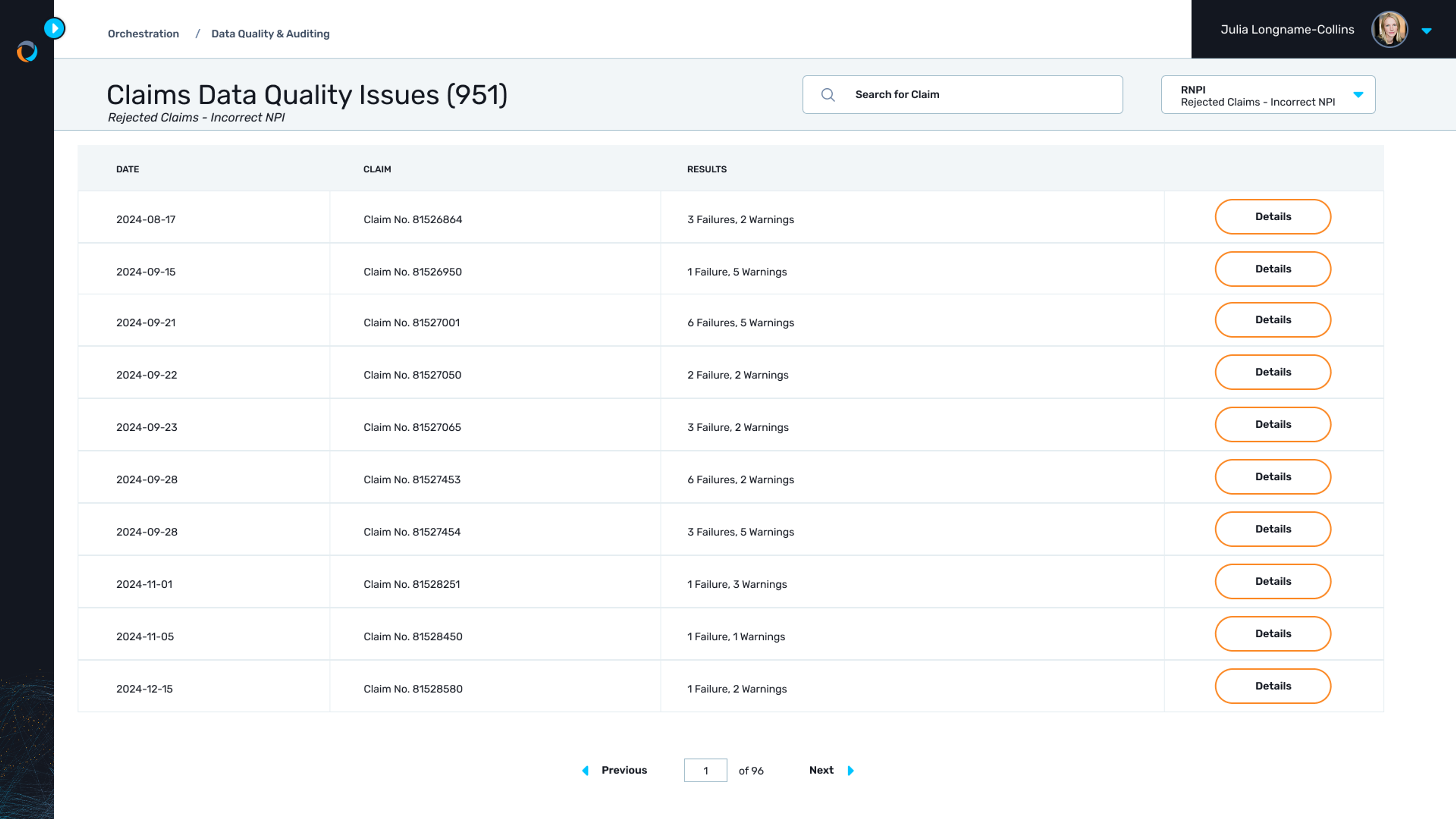 A list of claims that were rejected as the result of an incorrect NPI are shown.