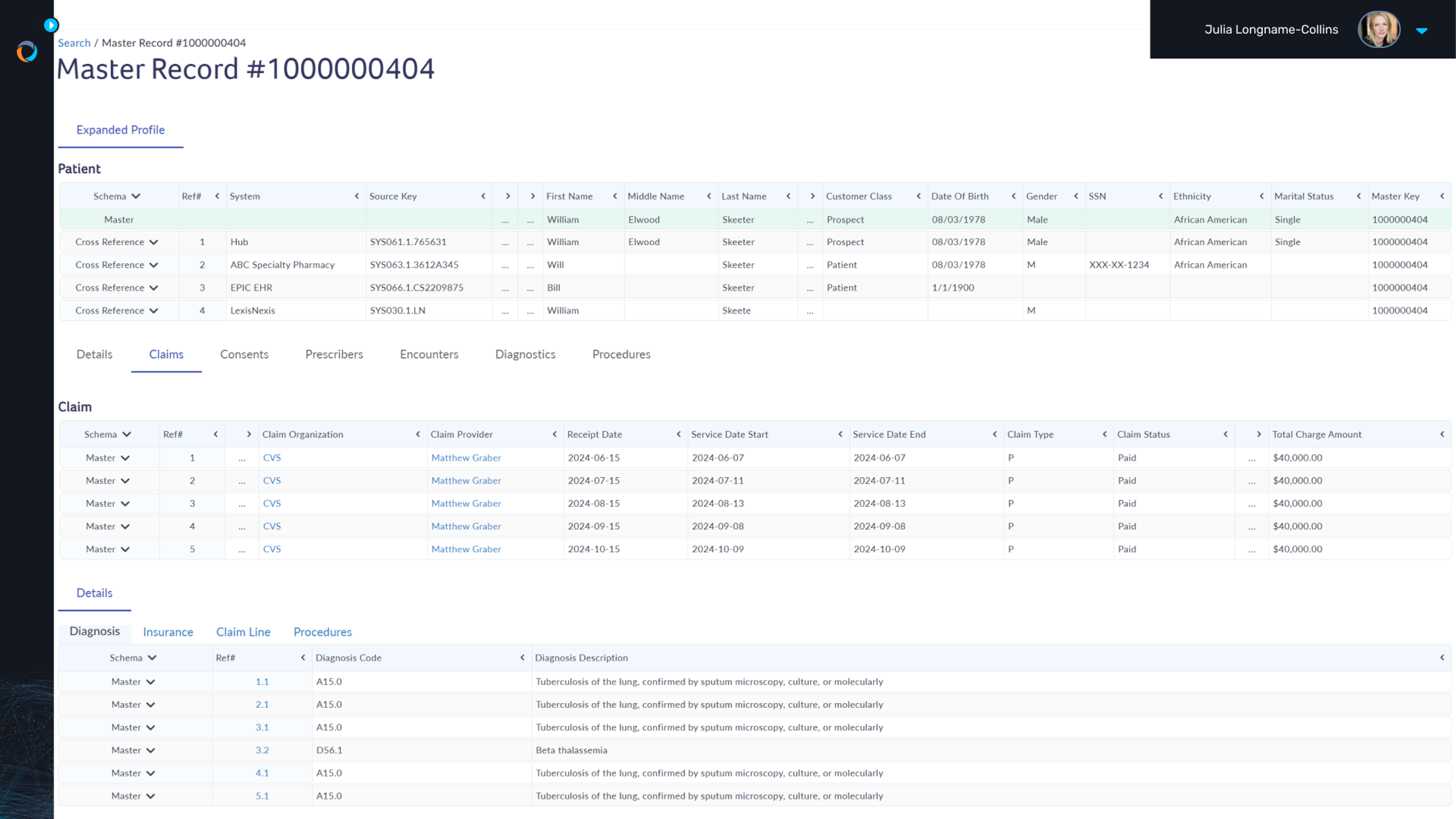 A patient master with claims information including diagnosis is shown